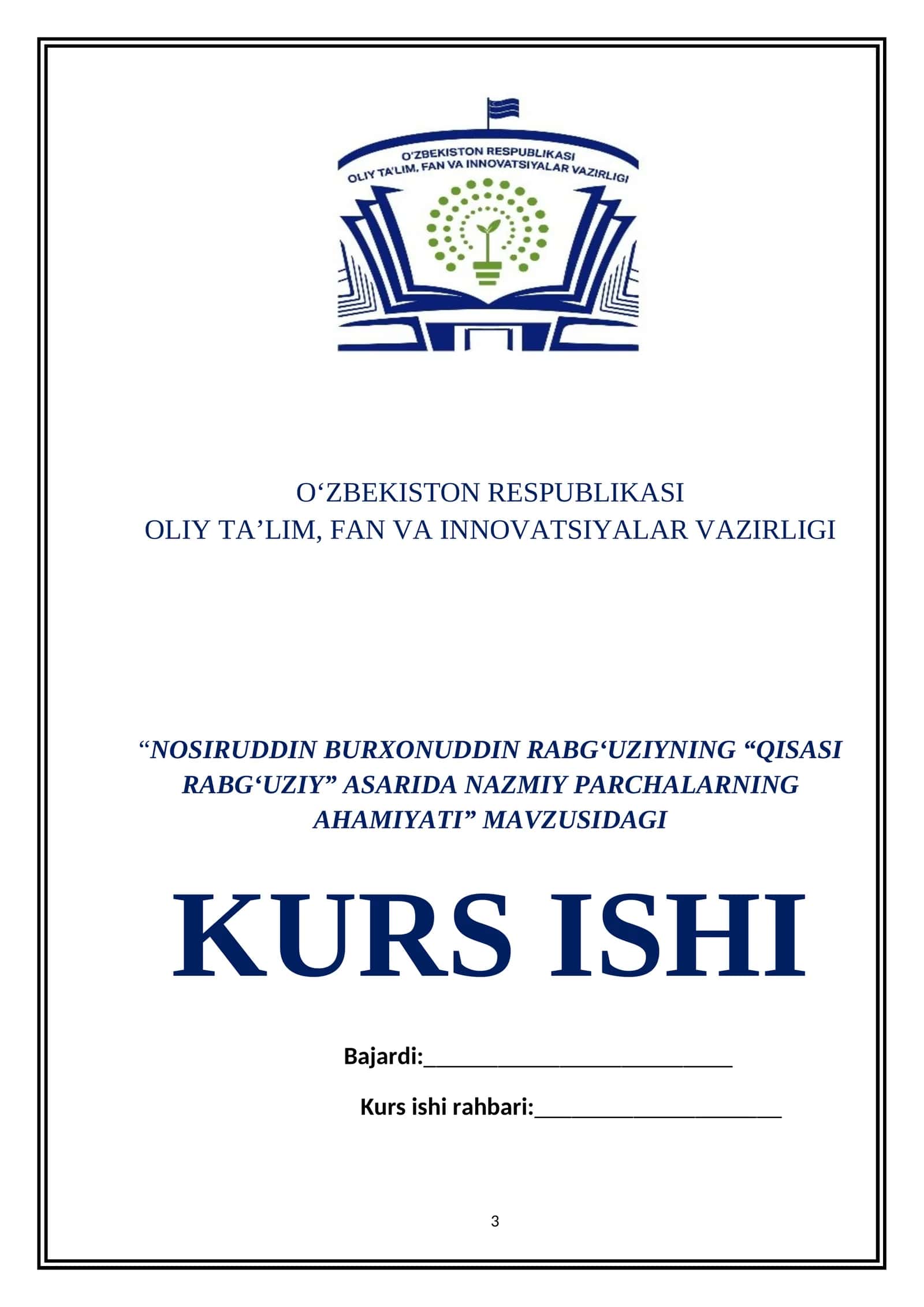 “QISASI RABG‘UZIY” ASARIDA NAZMIY PARCHALARNING AHAMIYATI” MAVZUSIDAGI KURS ISHI 1