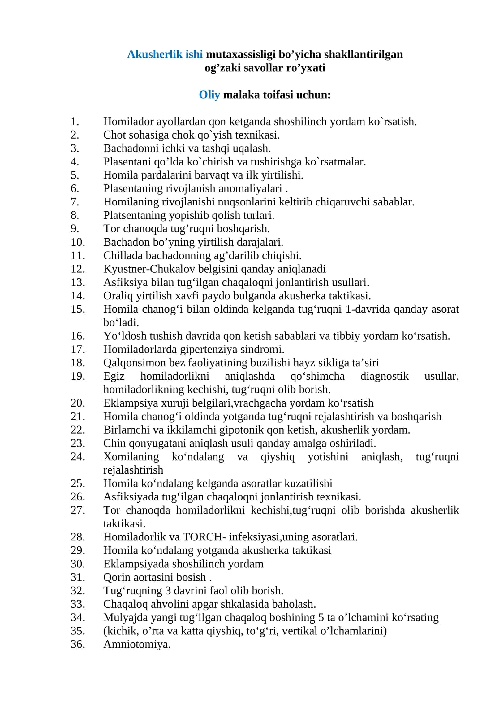 Argos test savollari Akusherlik ishi mutaxassisligi 1