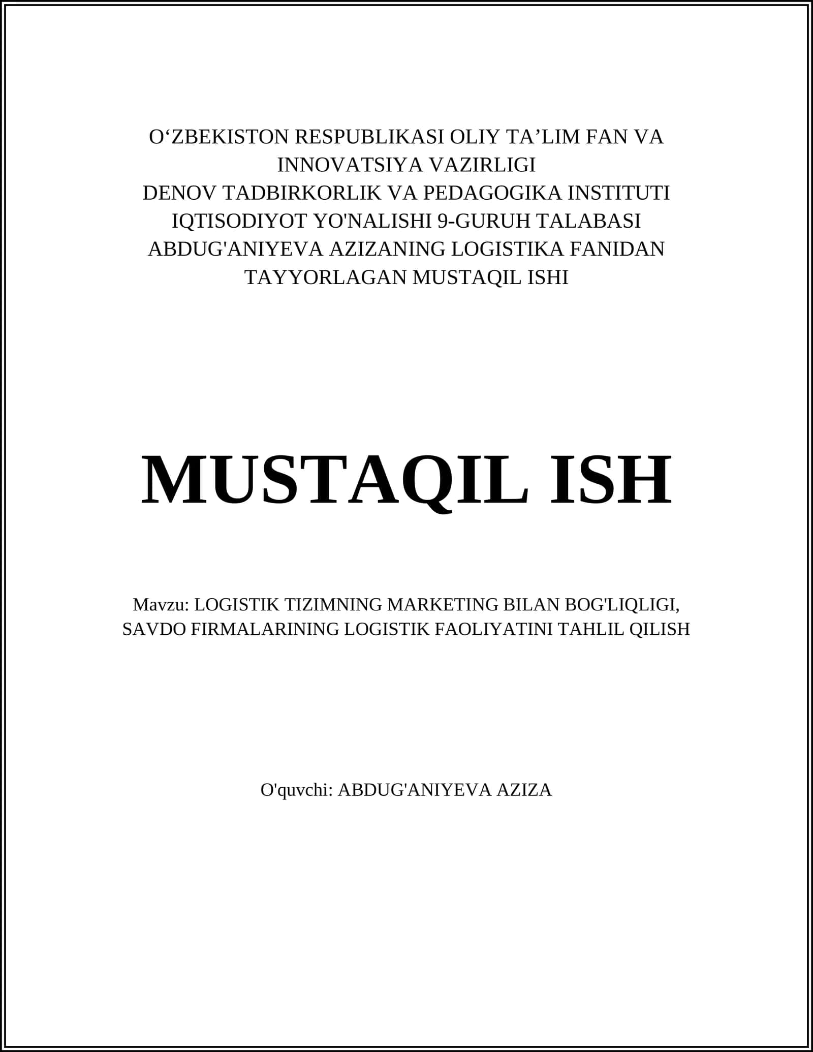 LOGISTIK TIZIMNING MARKETING BILAN BOG'LIQLIGI 1
