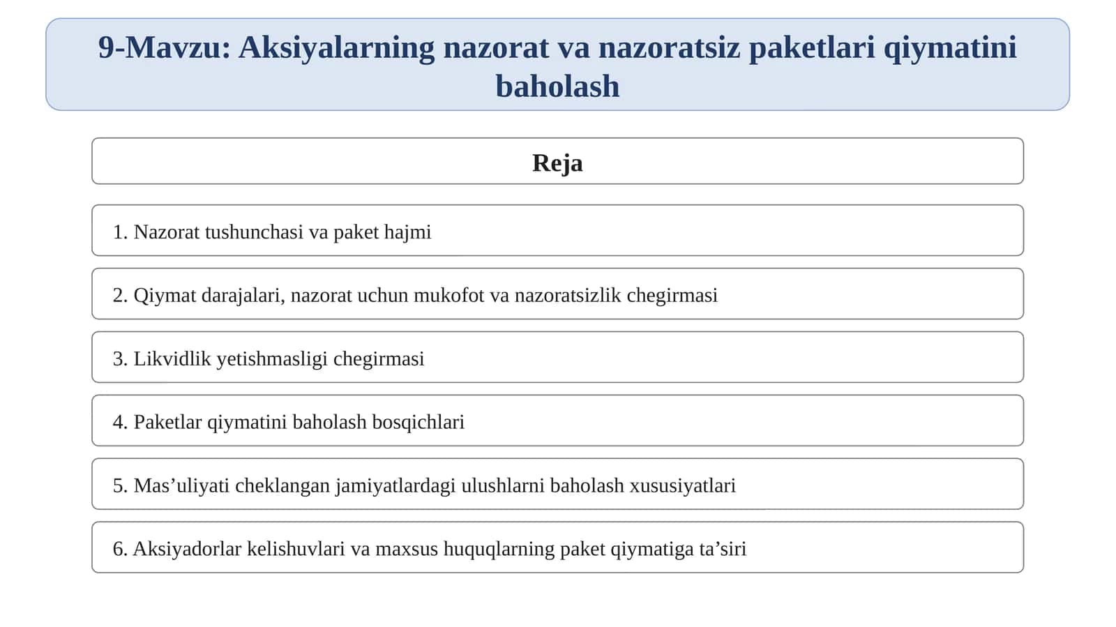 Aksiyalarning nazorat va nazoratsiz paketlari qiymatini baholash 1