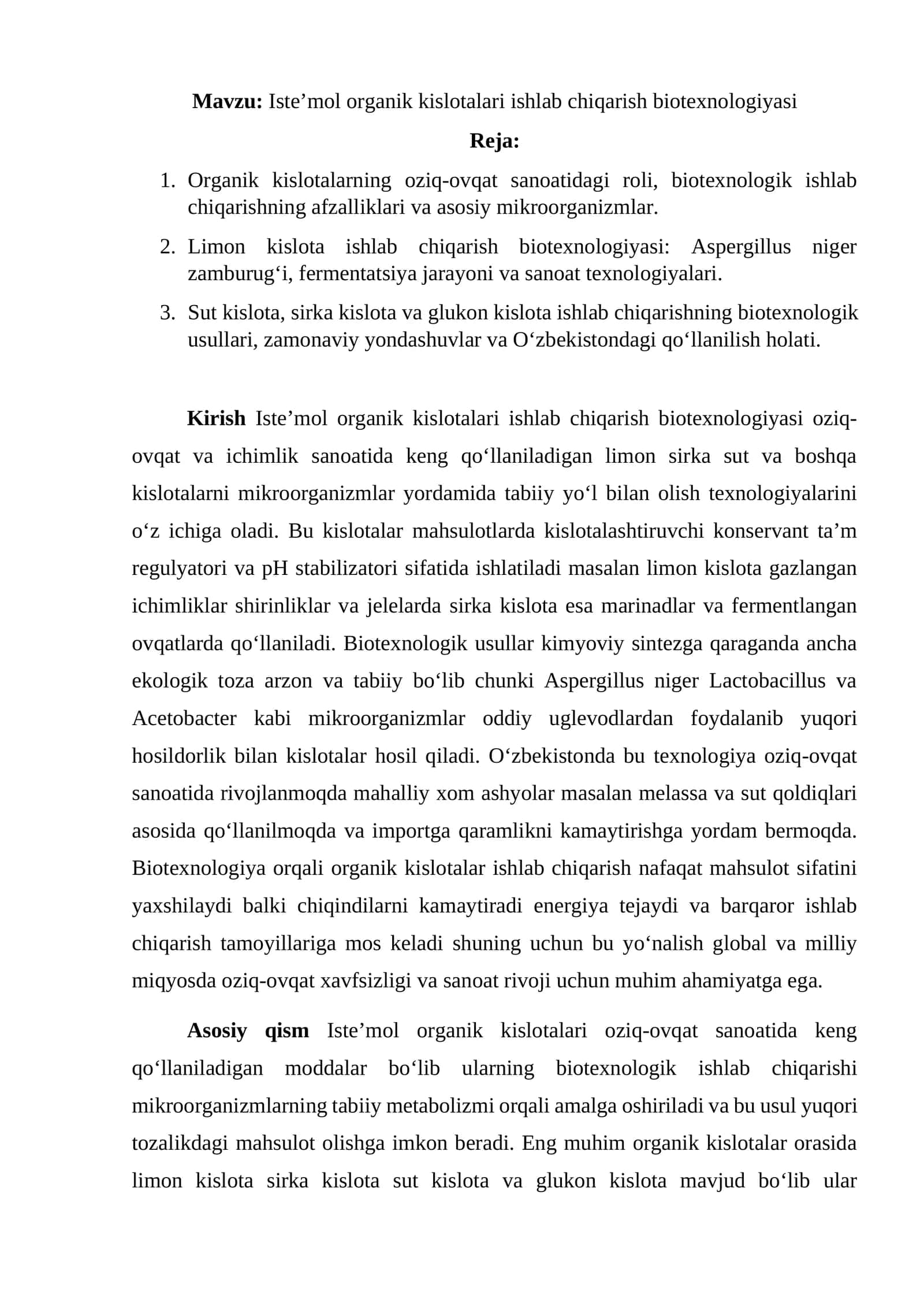 Iste’mol organik kislotalari ishlab chiqarish biotexnologiyasi 1
