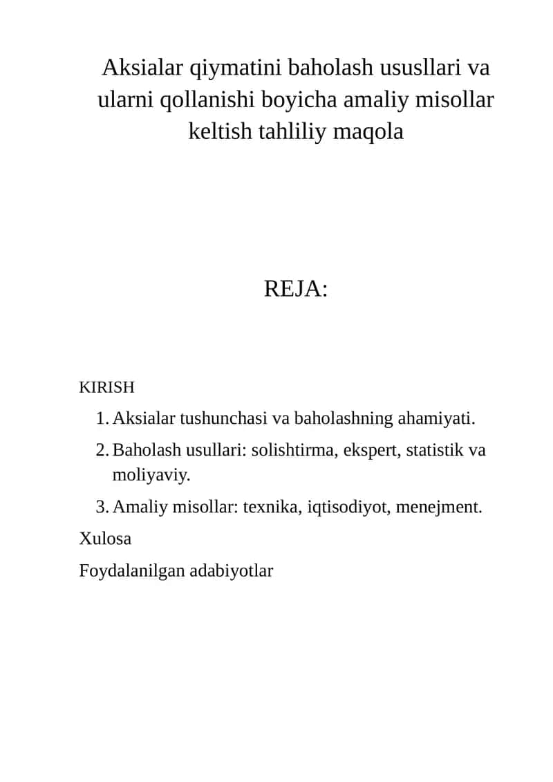 Aksialar qiymatini baholash ususllari va ularni qollanishi 1
