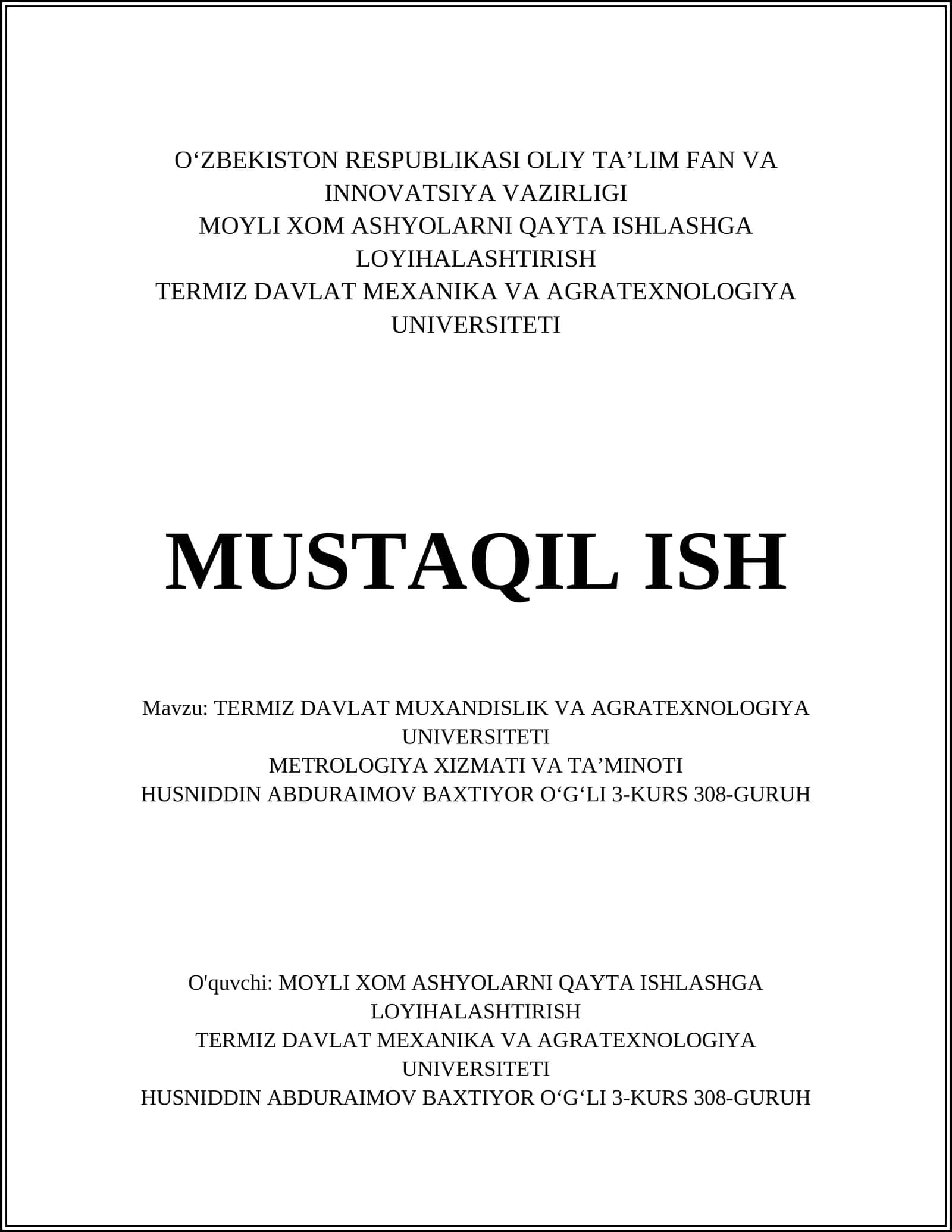 TERMIZ DAVLAT MUXANDISLIK VA AGRATEXNOLOGIYA UNIVERSITETI 1