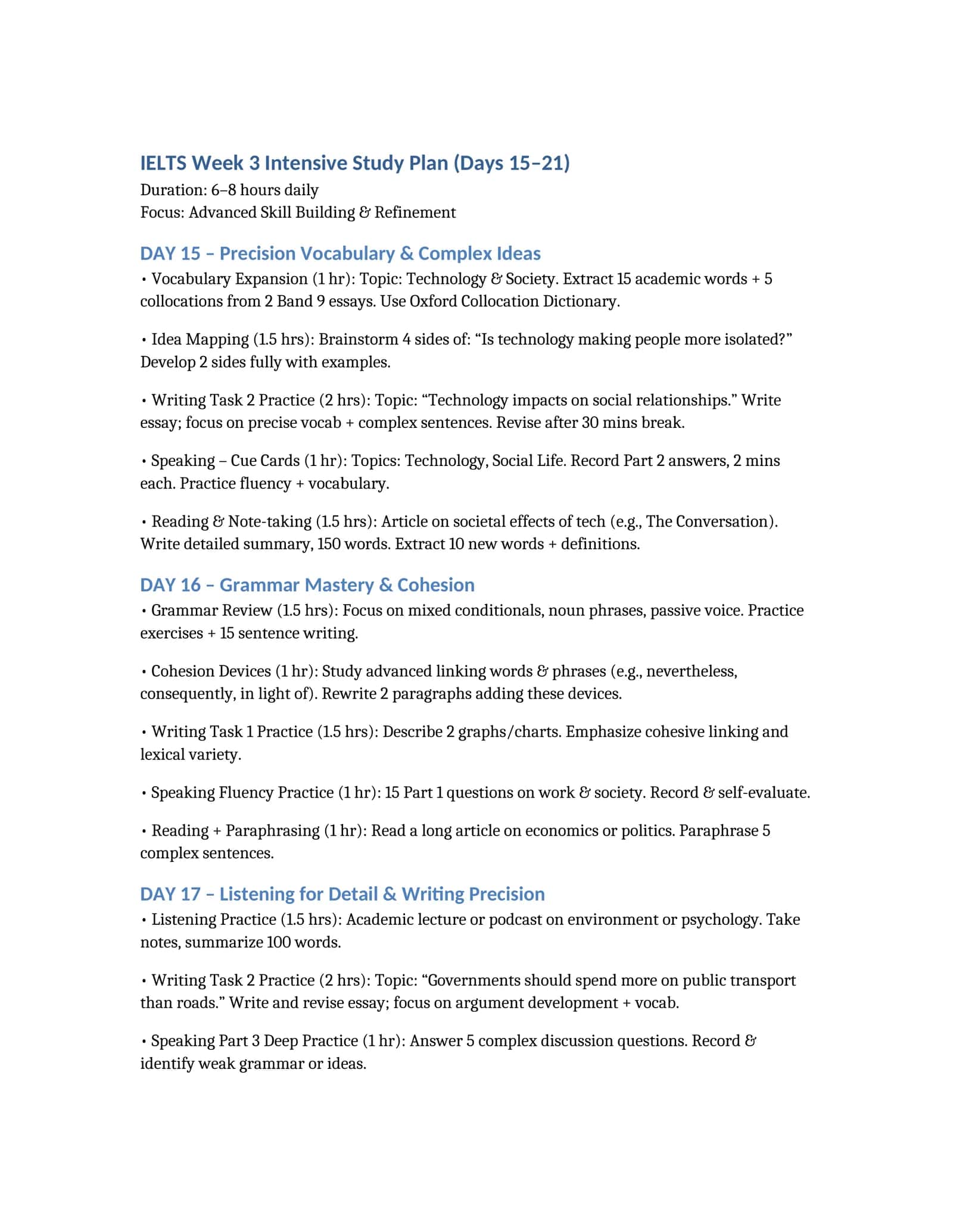 IELTS Week 3 Intensive Study Plan (Days 15–21) 1