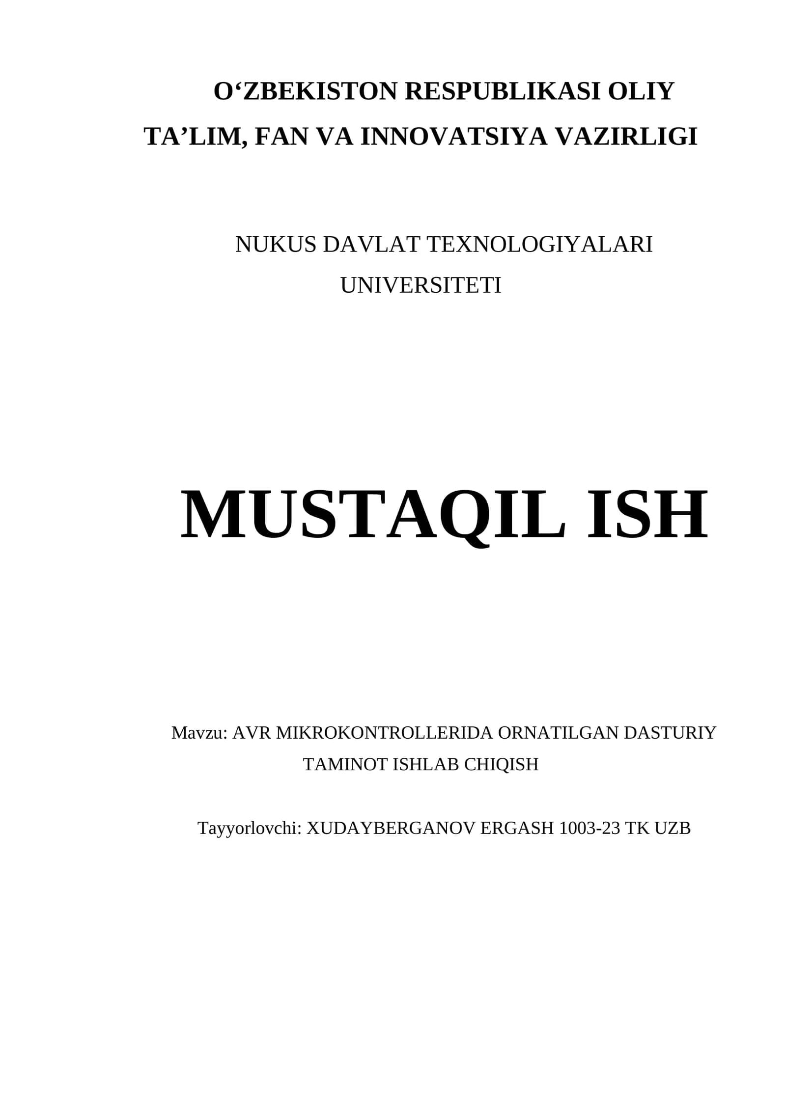AVR MIKROKONTROLLERIDA ORNATILGAN DASTURIY TAMINOT ISHLAB CHIQISH 1