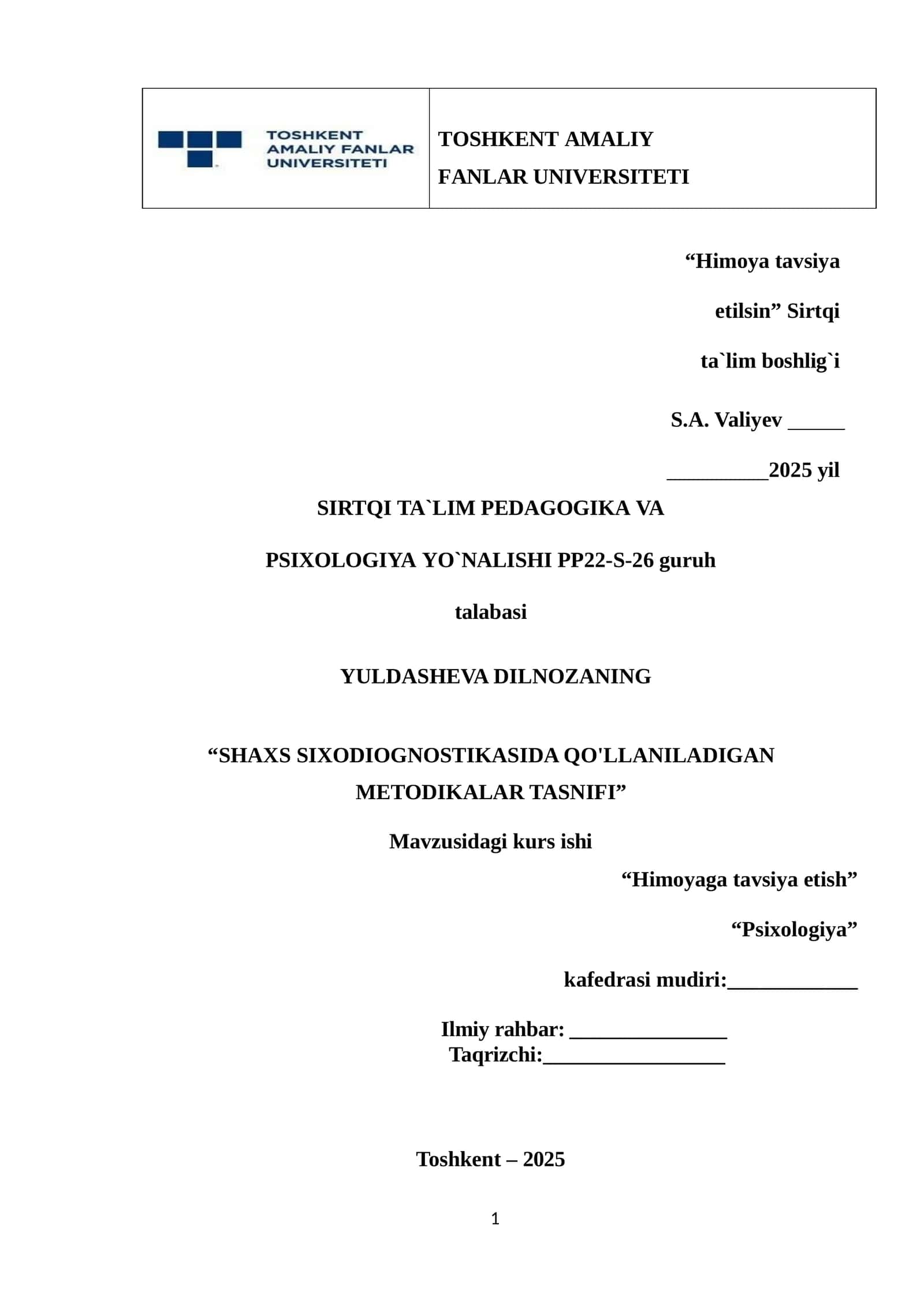 SHAXS SIXODIOGNOSTIKASIDA QO'LLANILADIGAN METODIKALAR TASNIFI 1