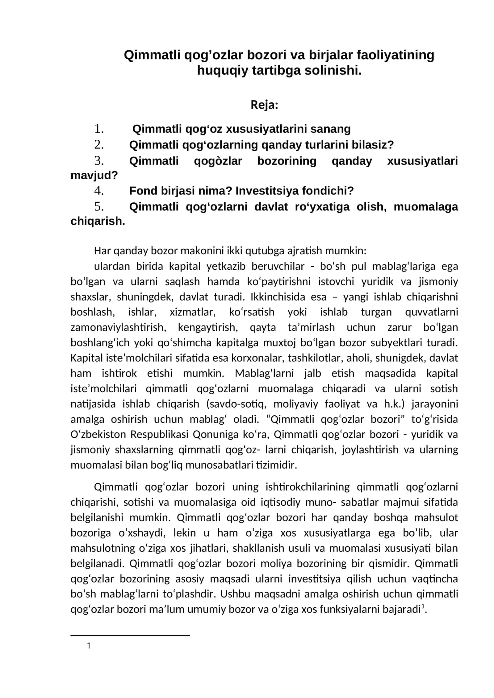 Qimmatli qog’ozlar bozori va birjalar faoliyatining huquqiy tartibga solinishi 1