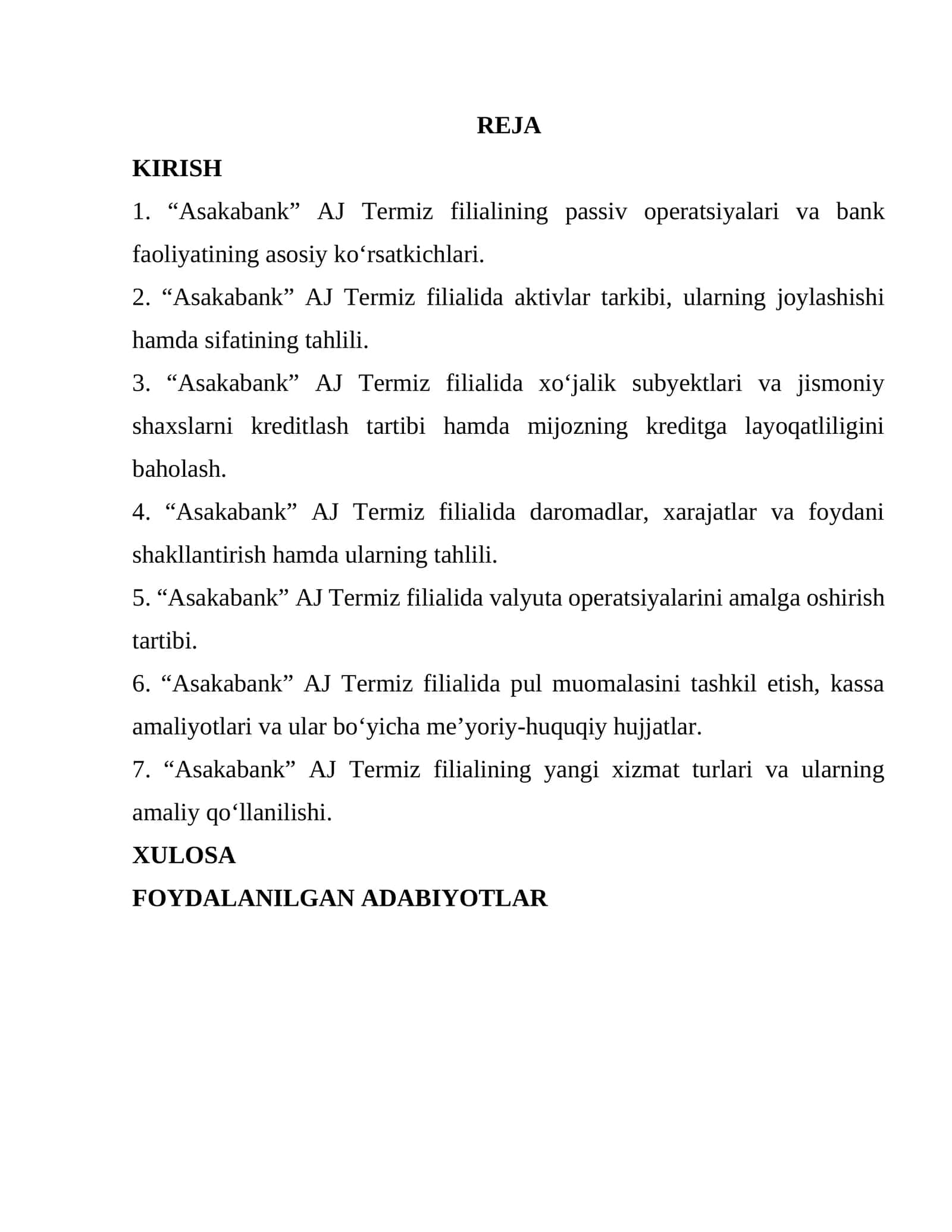 “ASAKABANK” AJ TERMIZ FILIALI AMALIYOT HISOBOTI 1