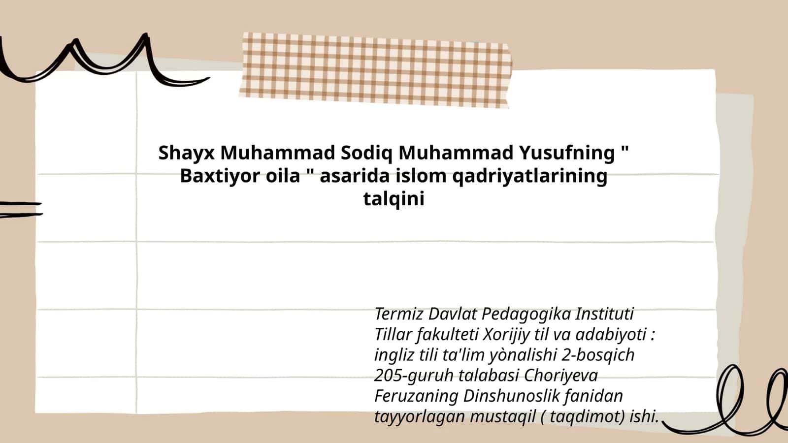 Shayx Muhammad Sodiq Muhammad Yusufning " Baxtiyor oila " asarida islom qadriyatlarining talqini 1