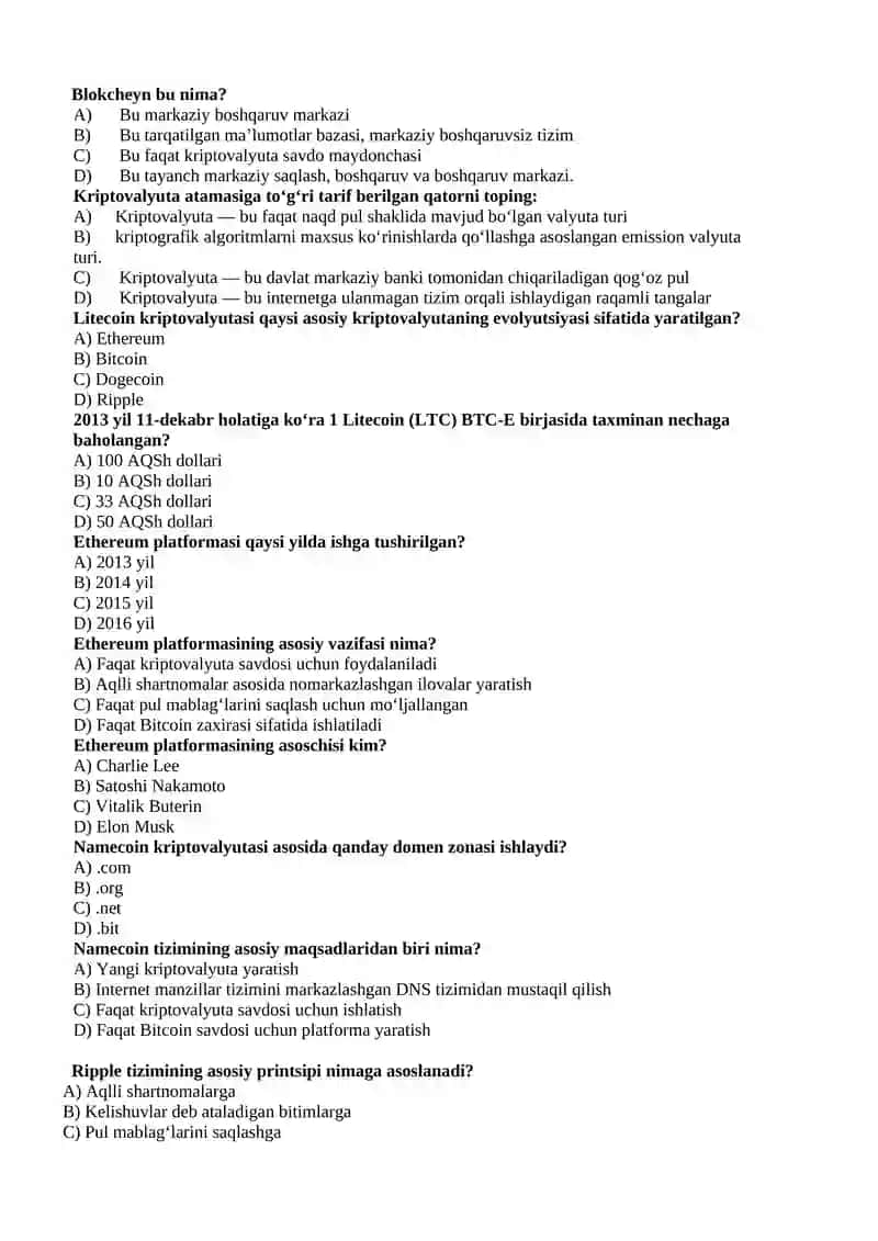 Informatika va AKT fanidan yakuniy bosqichda tushadigan savollar. va javoblari bilan. 1