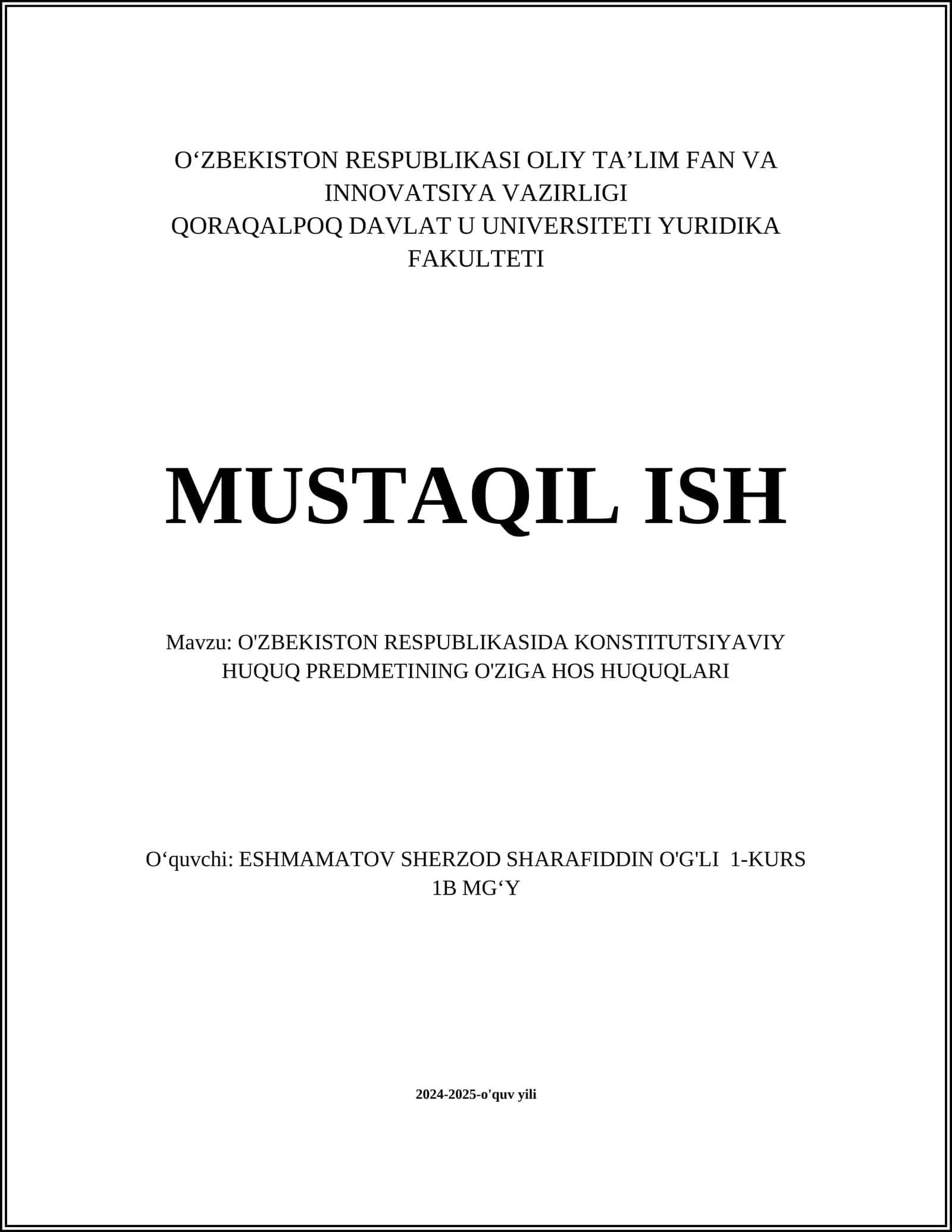 O'ZBEKISTON RESPUBLIKASIDA KONSTITUTSIYAVIY HUQUQ PREDMETINING O'ZIGA HOS HUQUQLARI 1