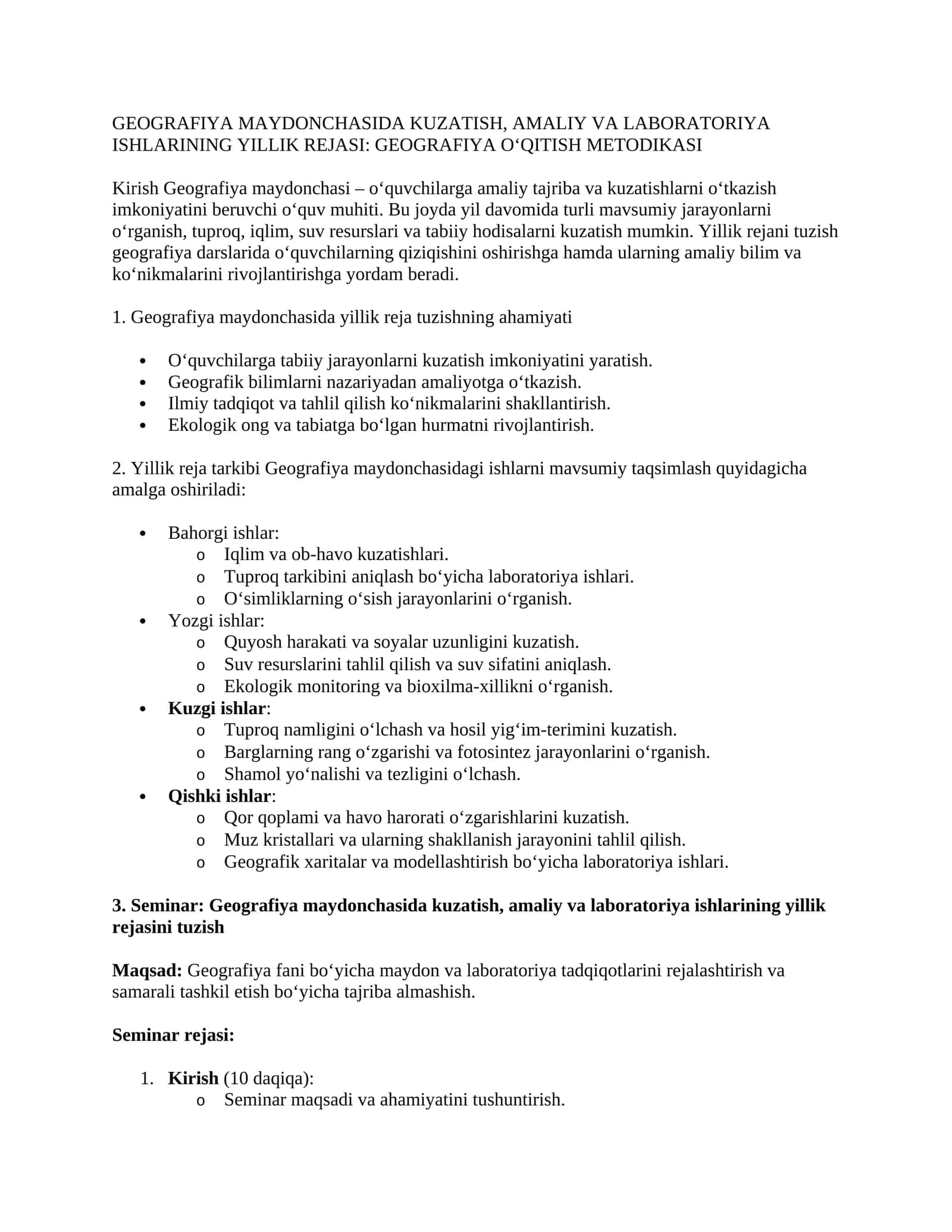 GEOGRAFIYA MAYDONCHASIDA KUZATISH, AMALIY VA LABORATORIYA ISHLARINING YILLIK REJASI: GEOGRAFIYA O‘QITISH METODIKASI 1