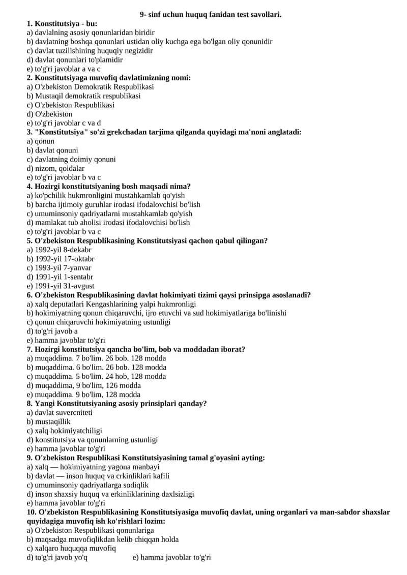 9- sinf uchun huquq fanidan test savollari 1