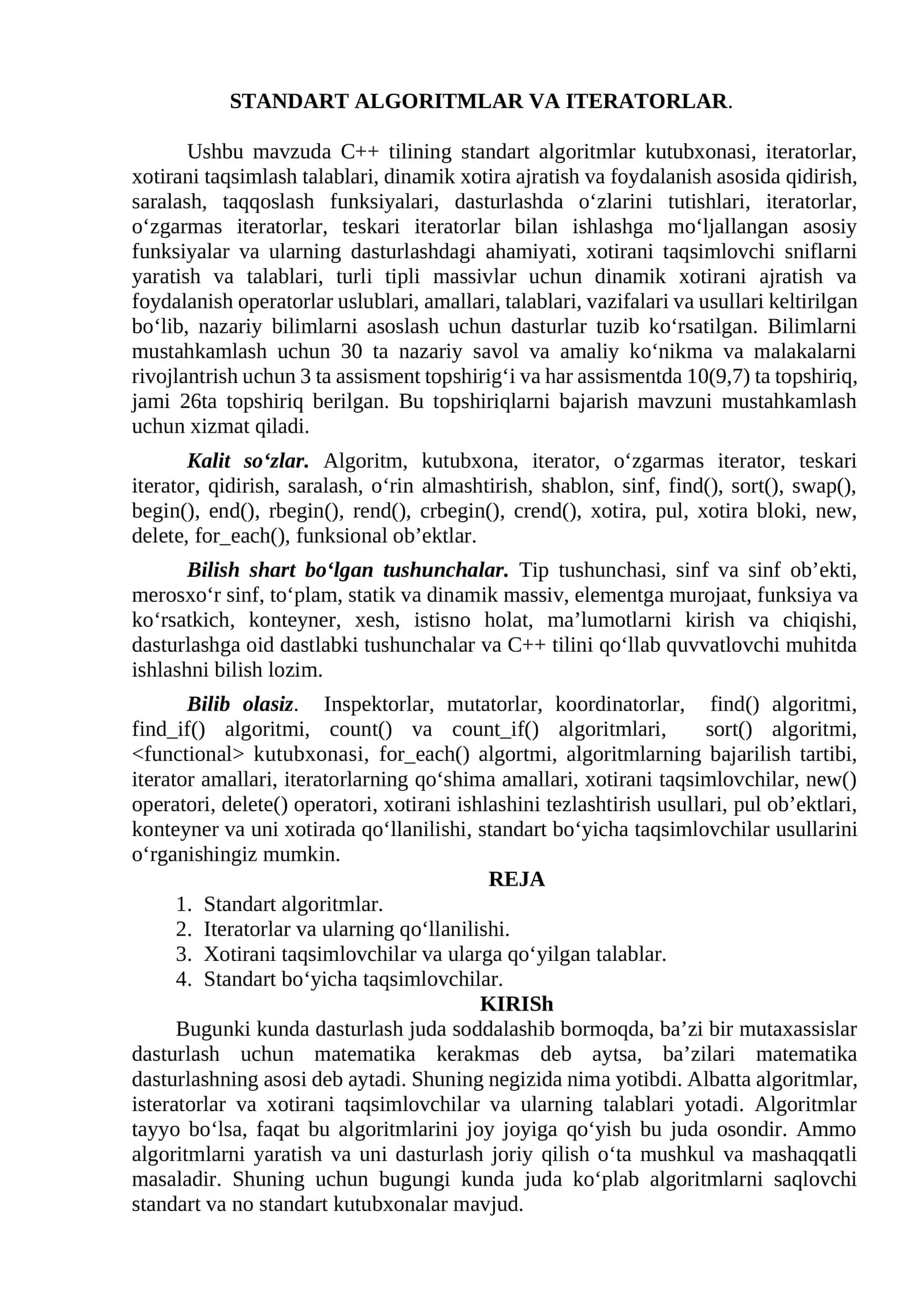 STANDART ALGORITMLAR VA ITERATORLAR 1