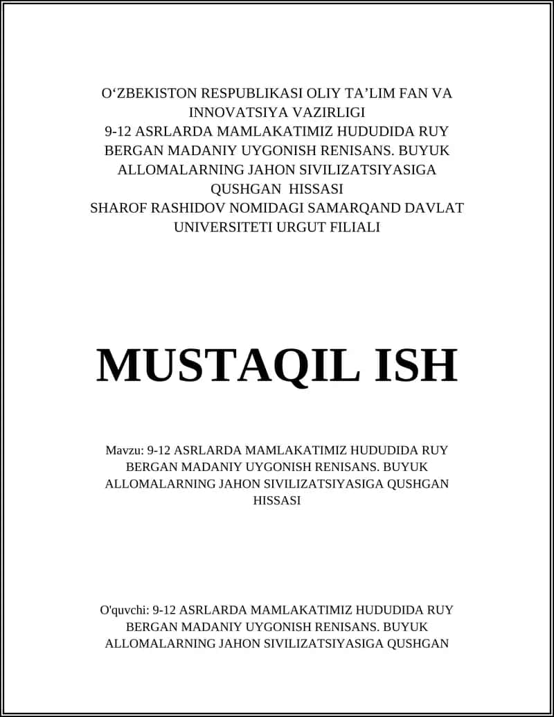 9-12 ASRLARDA MAMLAKATIMIZ HUDUDIDA RUY BERGAN MADANIY UYGONISH RENISANS 1