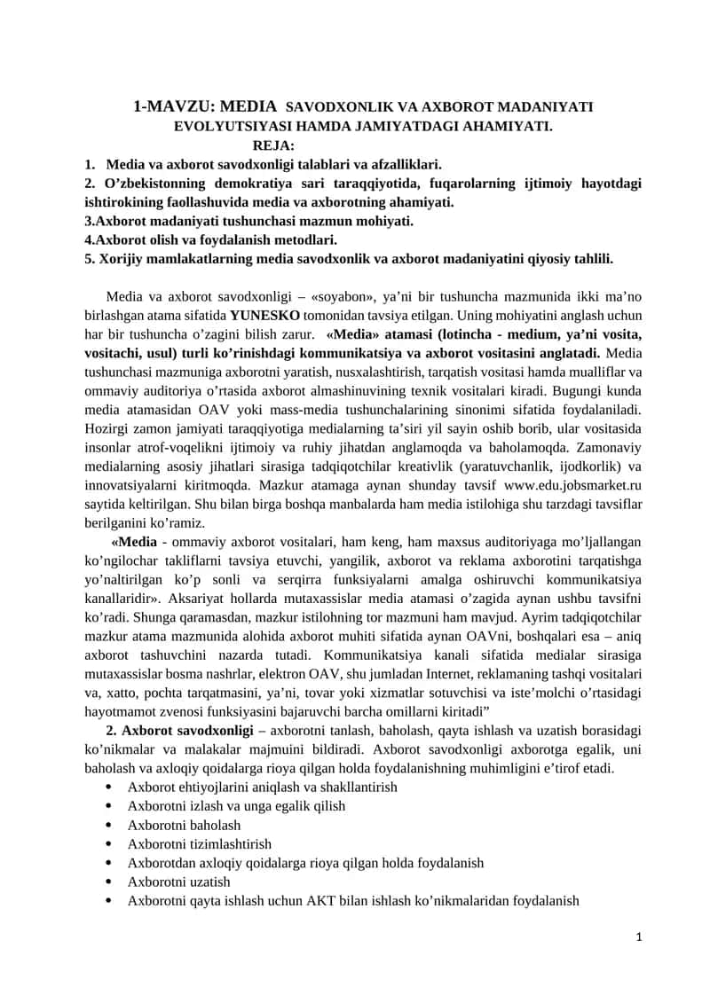 MEDIA SAVODXONLIK VA AXBOROT MADANIYATI EVOLYUTSIYASI HAMDA JAMIYATDAGI AHAMIYATI 1