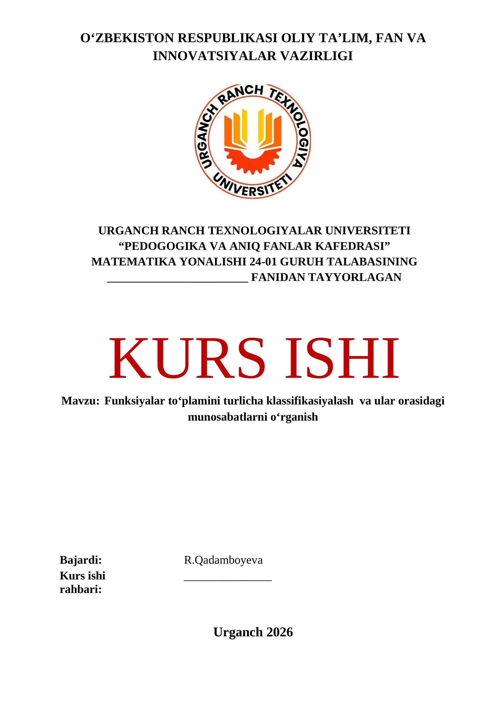 Funksiyalar to‘plamini turlicha klassifikasiyalash va ular orasidagi munosabatlarni o‘rganish 1