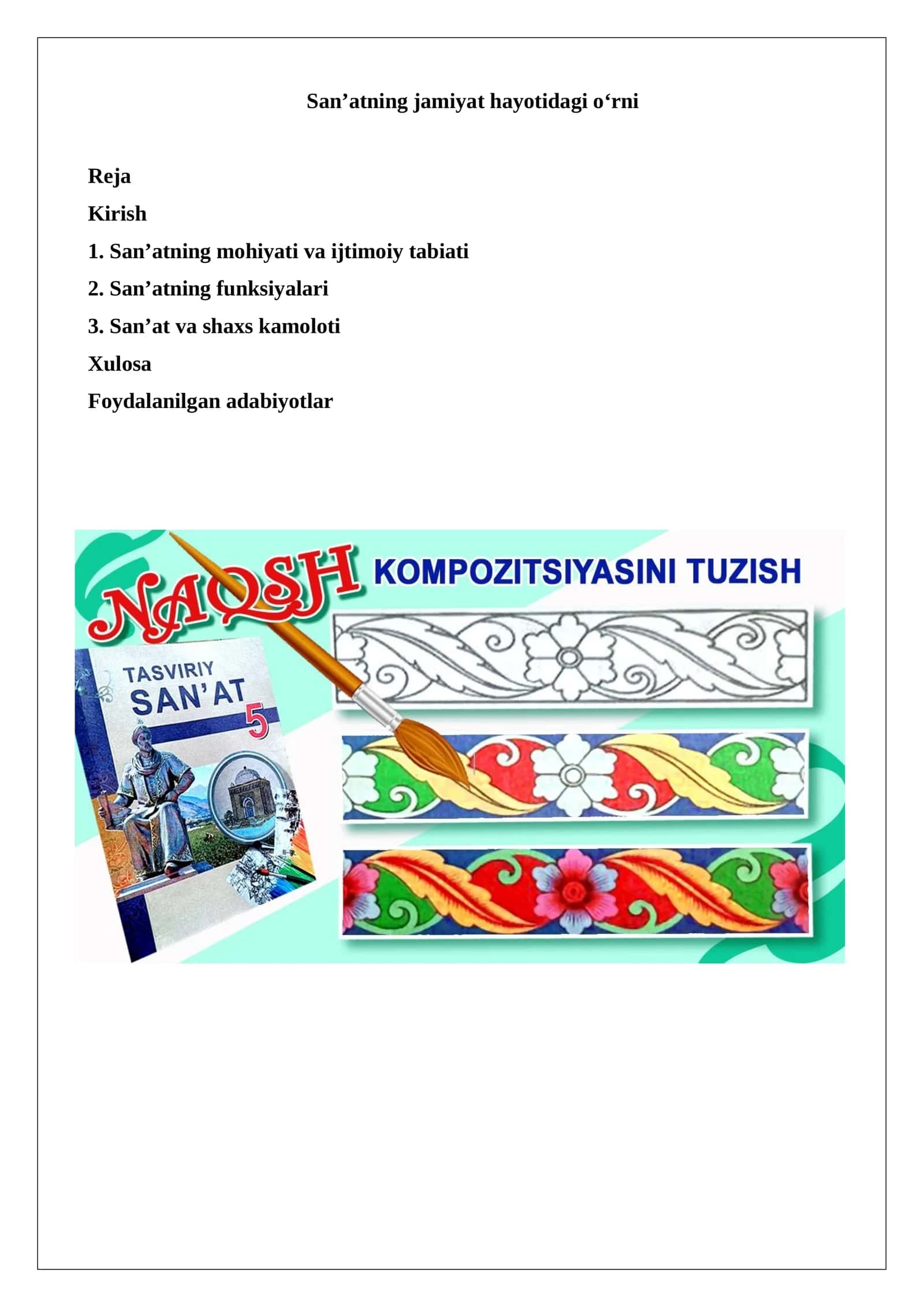 San’atning jamiyat hayotidagi o‘rni 1