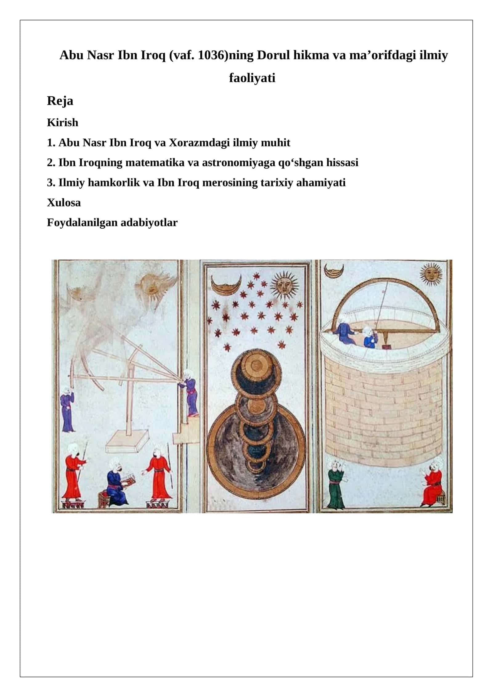 Abu Nasr Ibn Iroq (vaf. 1036)ning Dorul hikma va ma’orifdagi ilmiy faoliyati. 1