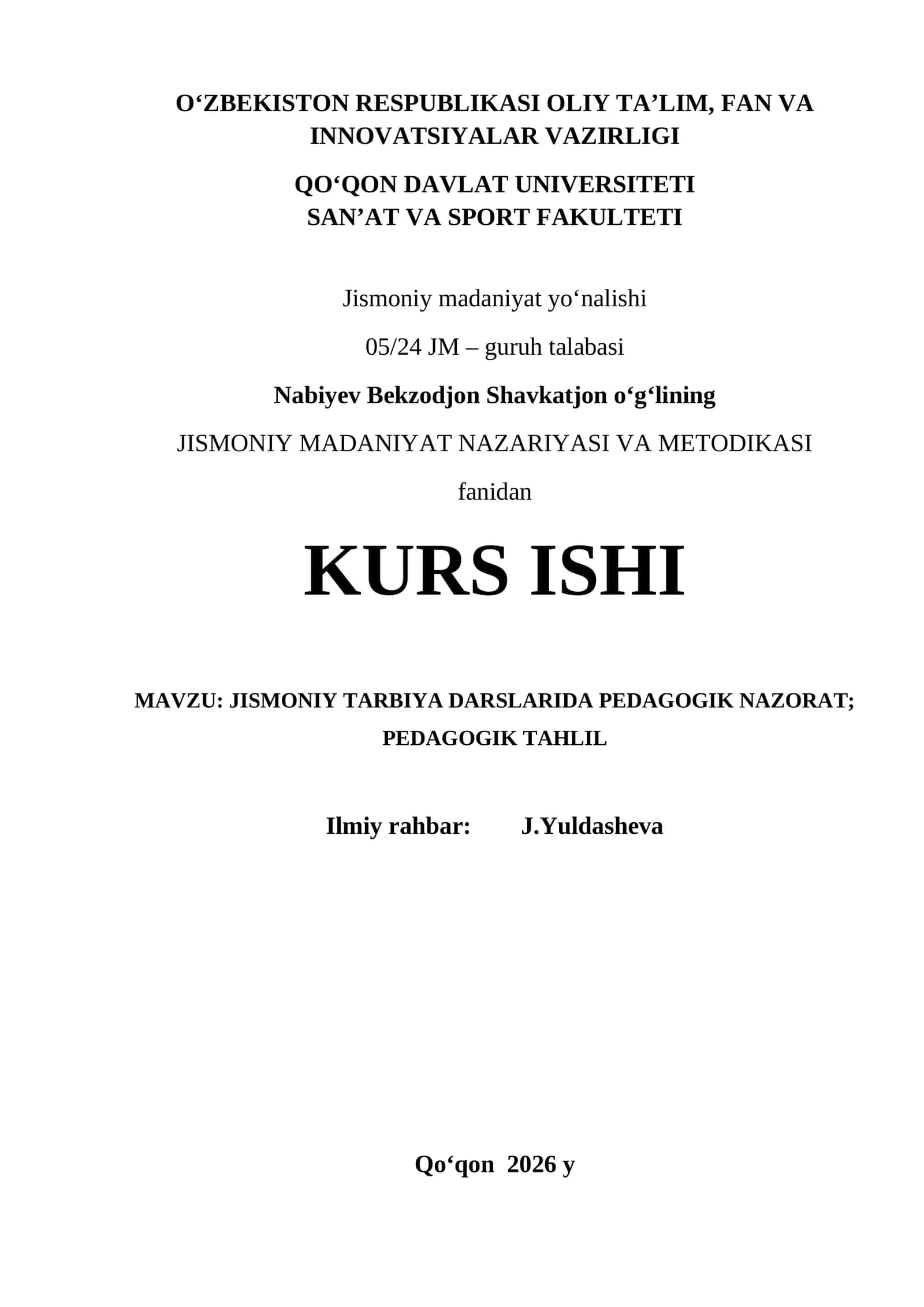 JISMONIY TARBIYA DARSLARIDA PEDAGOGIK NAZORAT; PEDAGOGIK TAHLIL 1