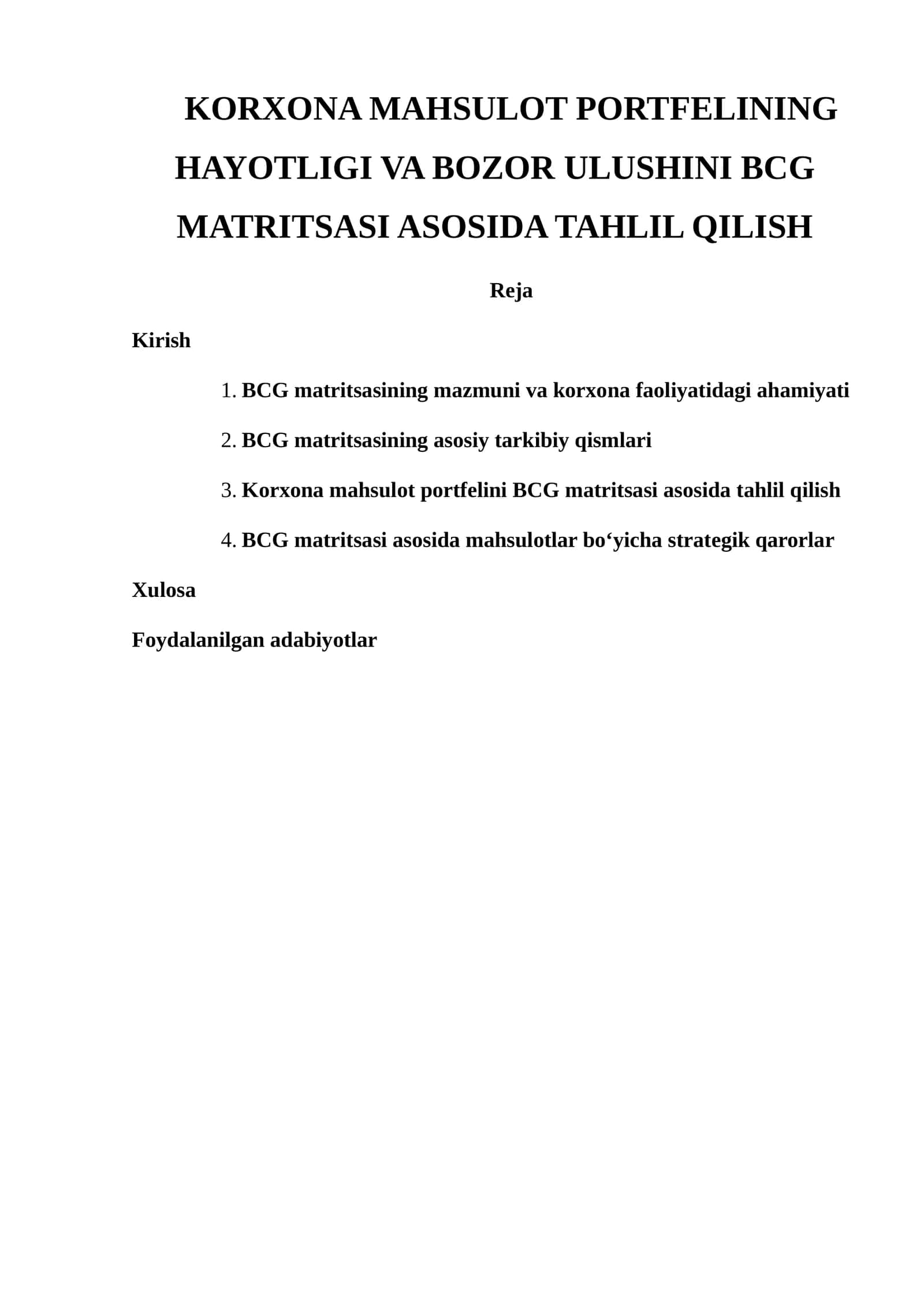 Korxona mahsulot portfelining hayotligi va bozor ulushini BCG matritsasi asosida tahlil qilish 1