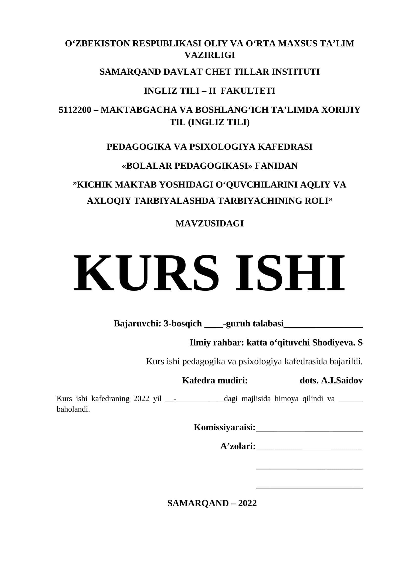 Kichik maktab yoshidagi oʻquvchilarini aqliy va axloqiy tarbiyalashda tarbiyachining roli 1