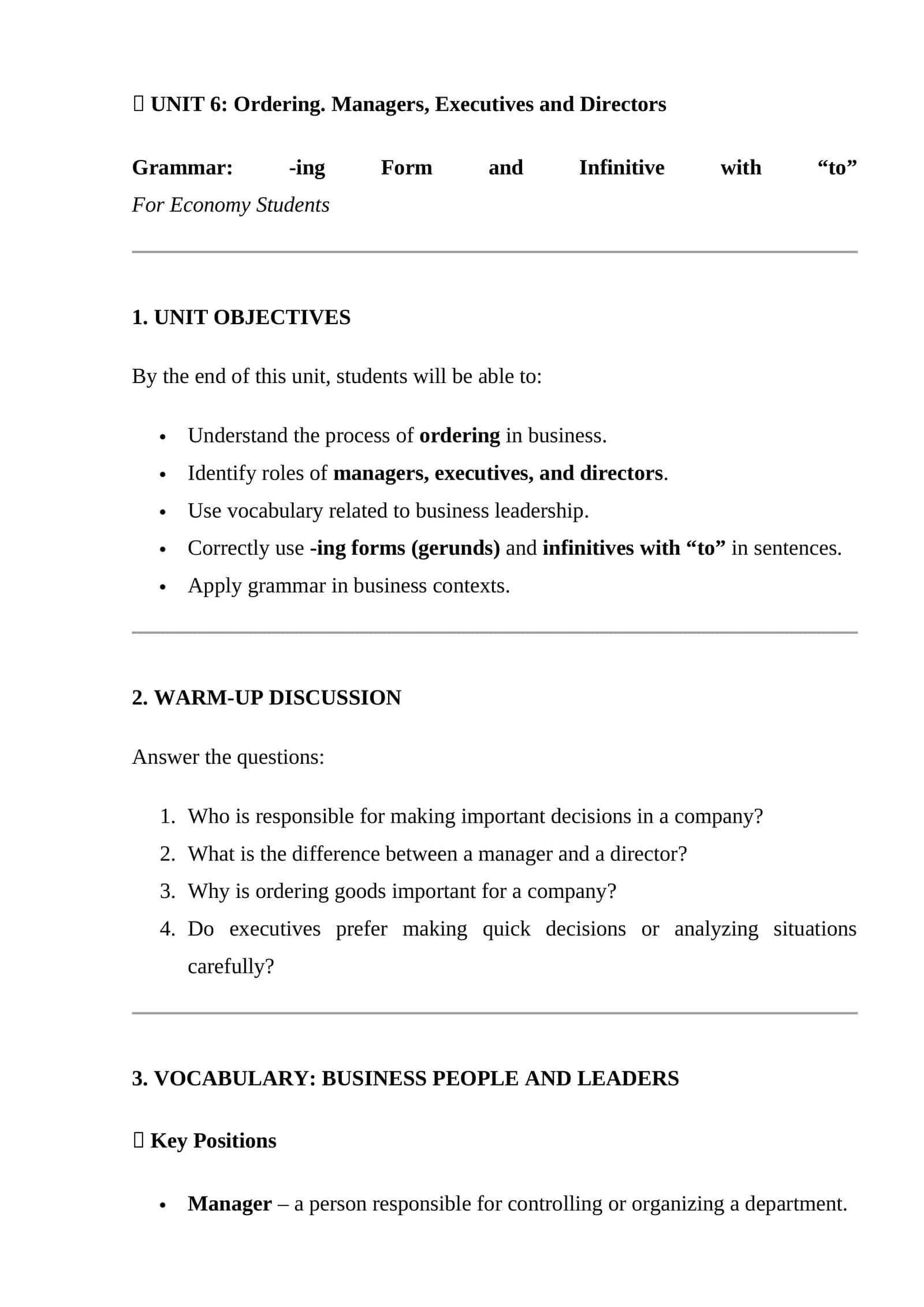 UNIT 6: Ordering. Managers, Executives and Directors 1