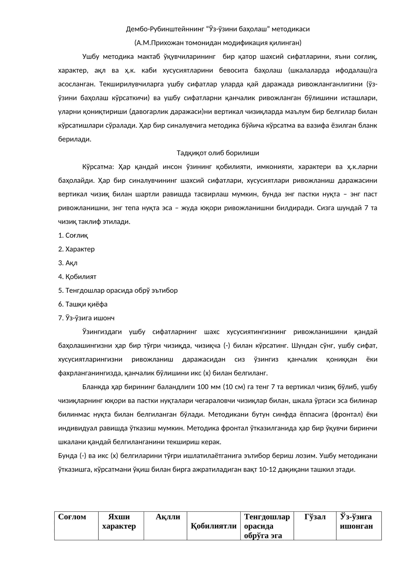 Дембо-Рубинштейннинг “Ўз-ўзини баҳолаш” методикаси 1