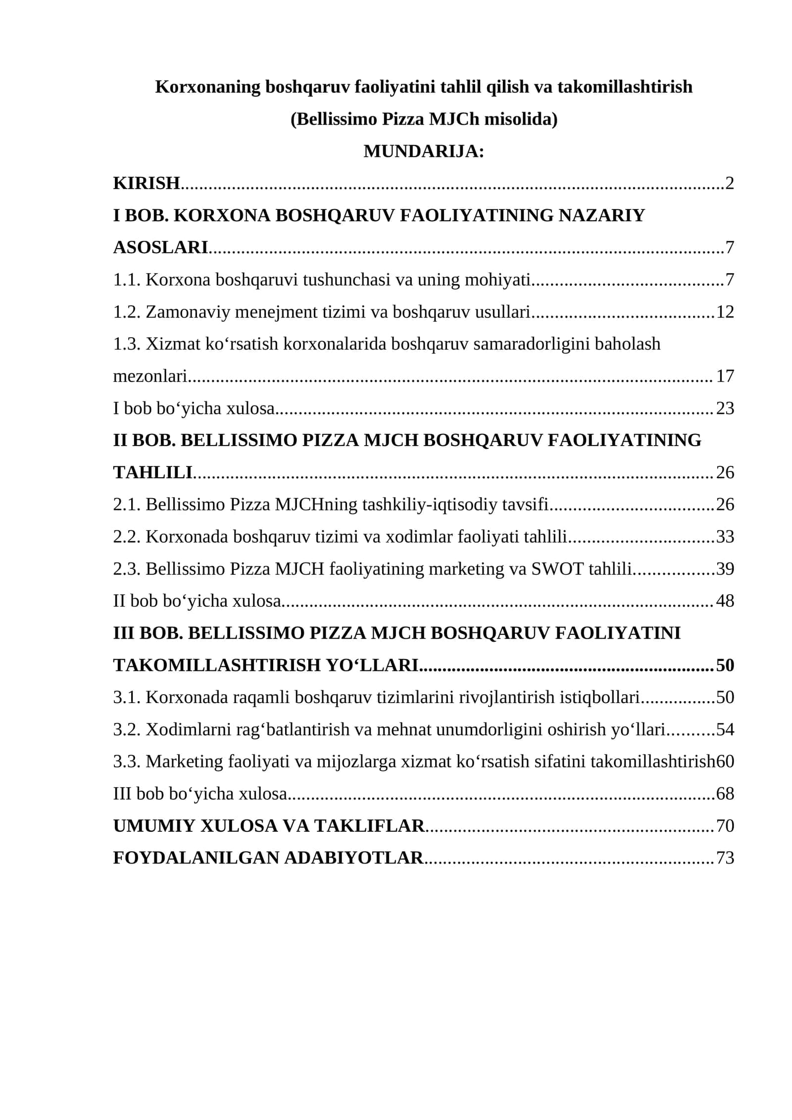 BELLISSIMO PIZZA MJCH BOSHQARUV FAOLIYATINING TAHLILI 1