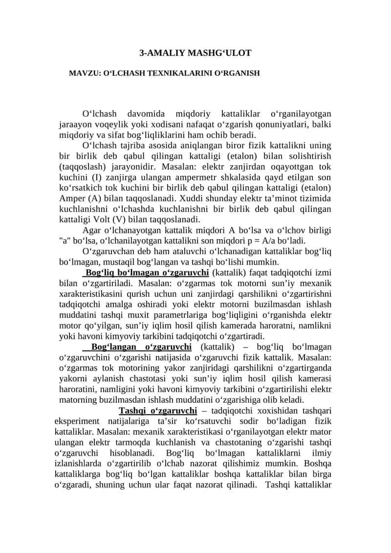 O‘LCHASH TEXNIKALARINI O‘RGANISH 1