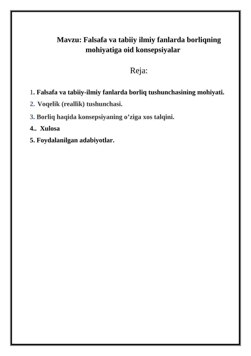 Falsafa va tabiiy ilmiy fanlarda borliqning mohiyatiga oid konsepsiyalar 1