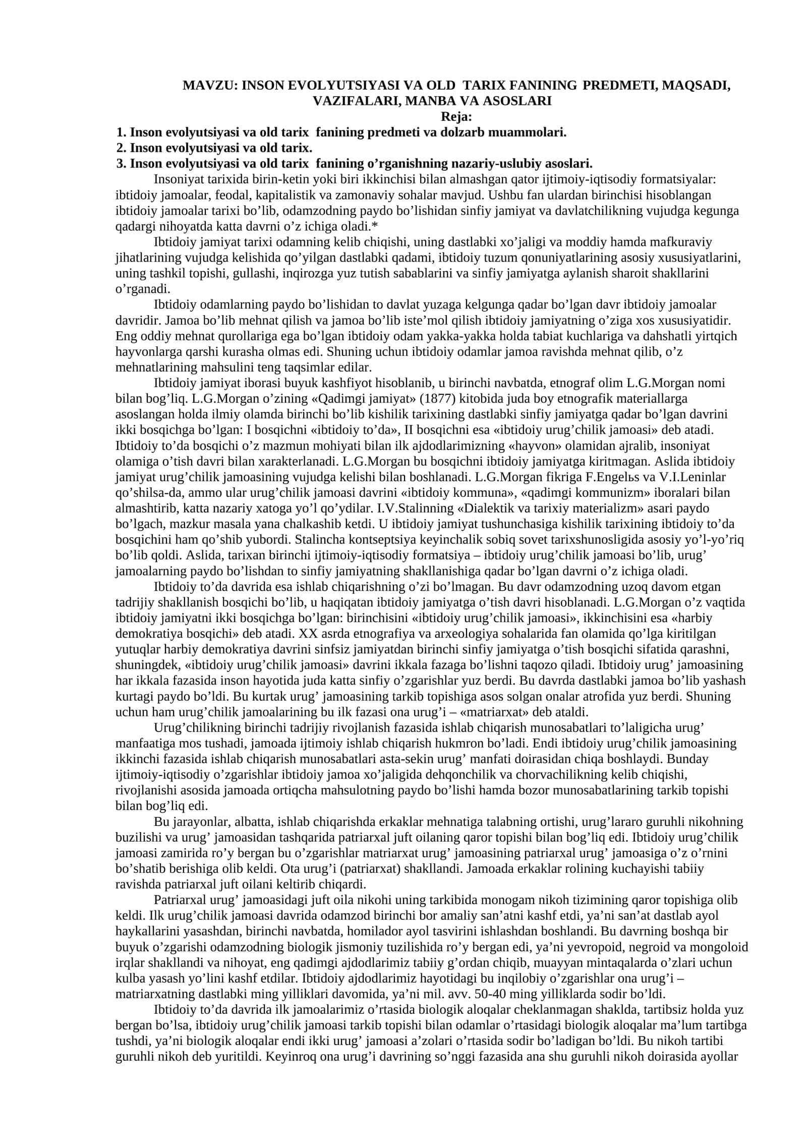 INSON EVOLYUTSIYASI VA OLD TARIX FANINING PREDMETI, MAQSADI, VAZIFALARI, MANBA VA ASOSLARI 1