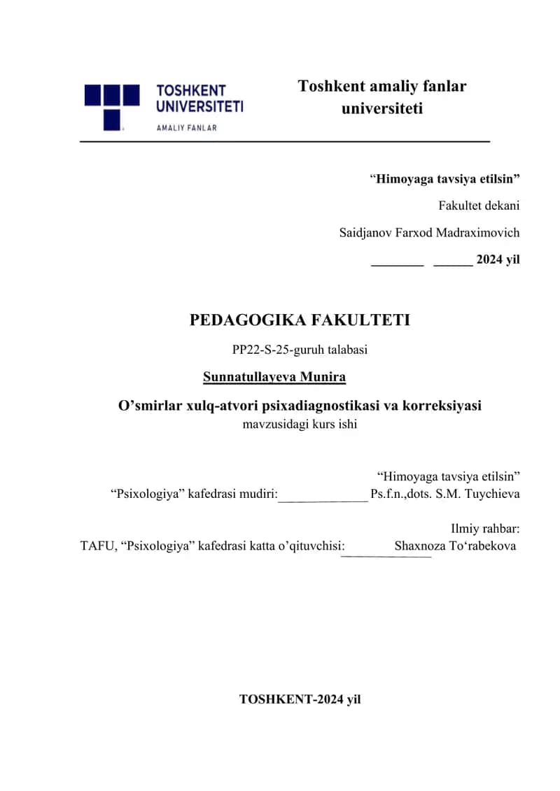 O’smirlar xulq-atvori psixadiagnostikasi va korreksiyasi 1
