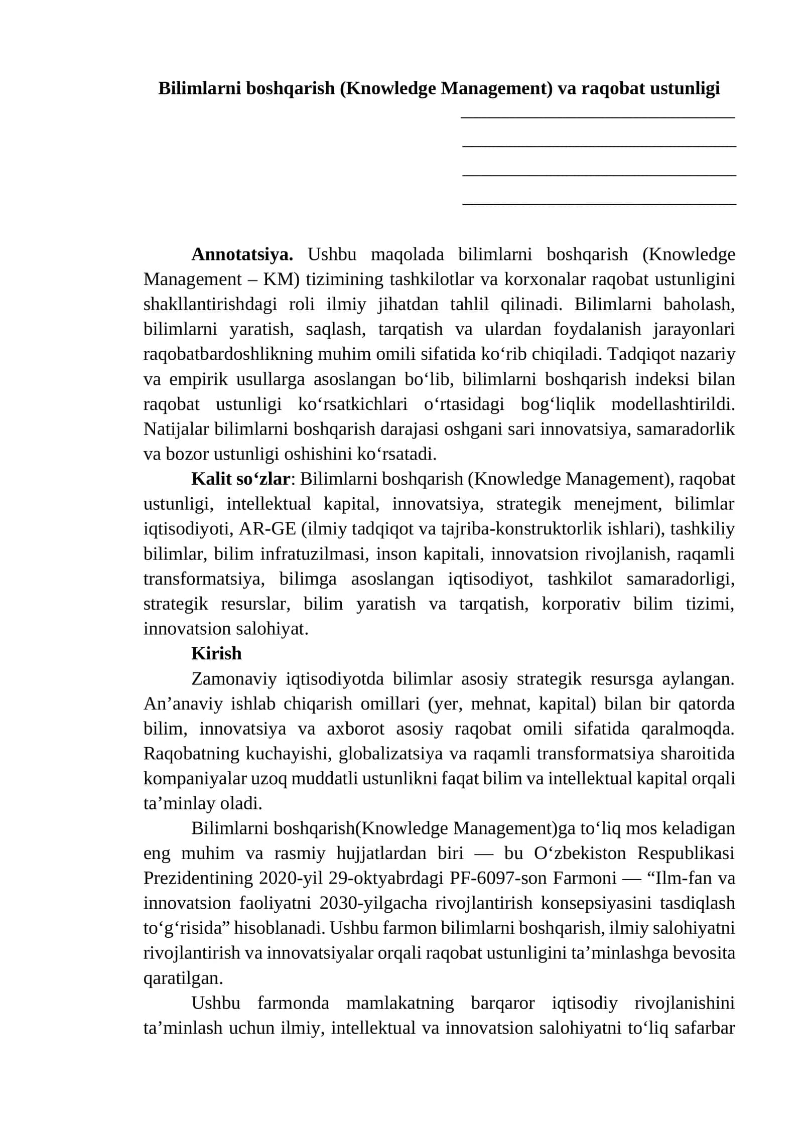 Bilimlarni boshqarish (Knowledge Management) va raqobat ustunligi 1