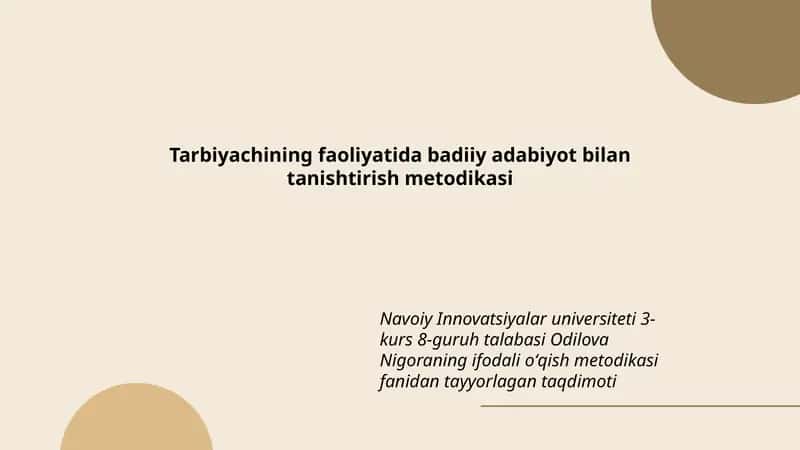 Tarbiyachining faoliyatida badiiy adabiyot bilan tanishtirish metodikasi 1