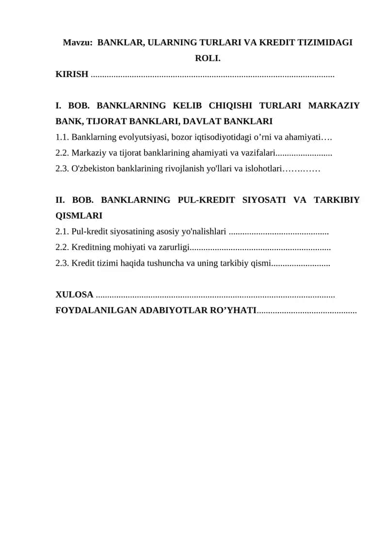 BANKLAR, ULARNING TURLARI VA KREDIT TIZIMIDAGI ROLI 1