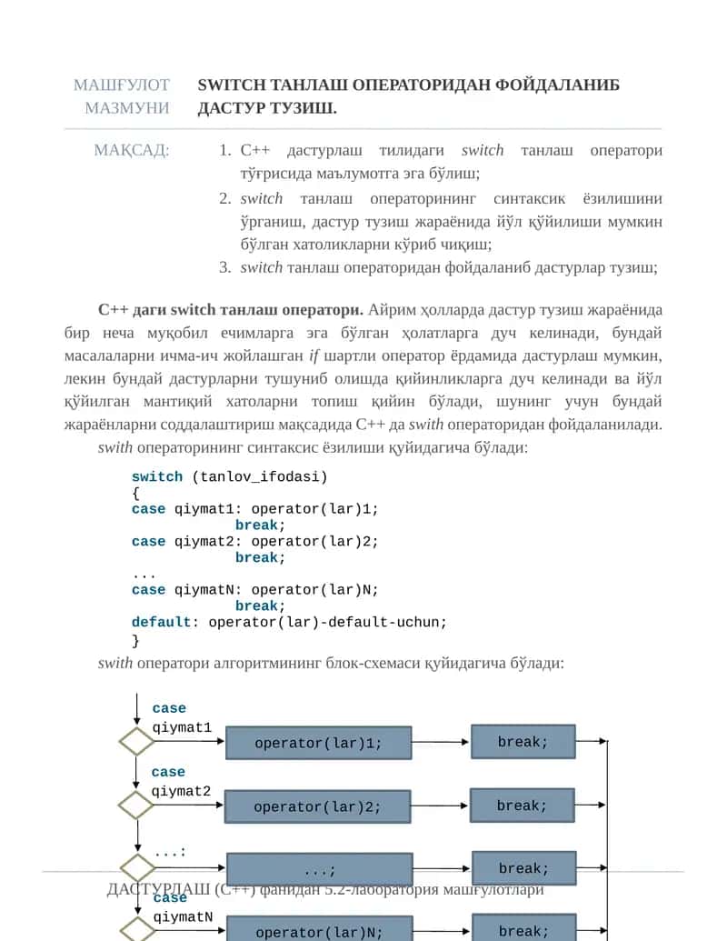 Switch танлаш операторидан фойдаланиб дастур тузиш. 1
