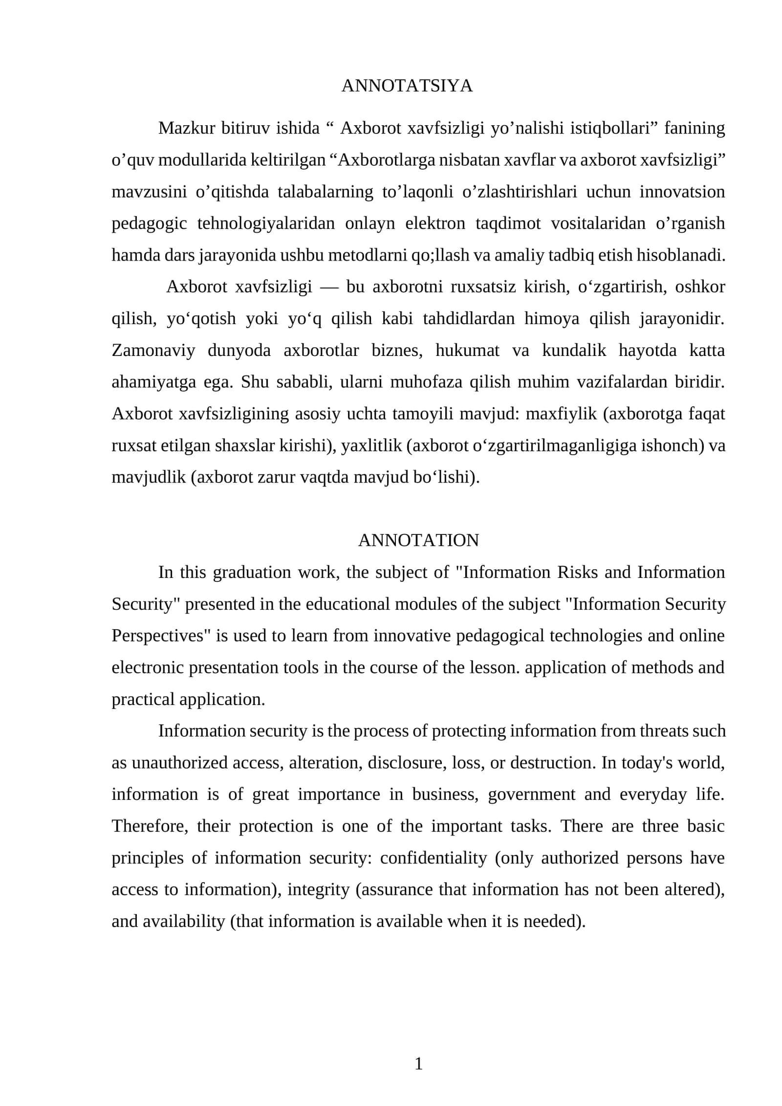 Axborotlarga nisbatan xavflar va axborot xavfsizligi yo’nalishi istiqbollari 1