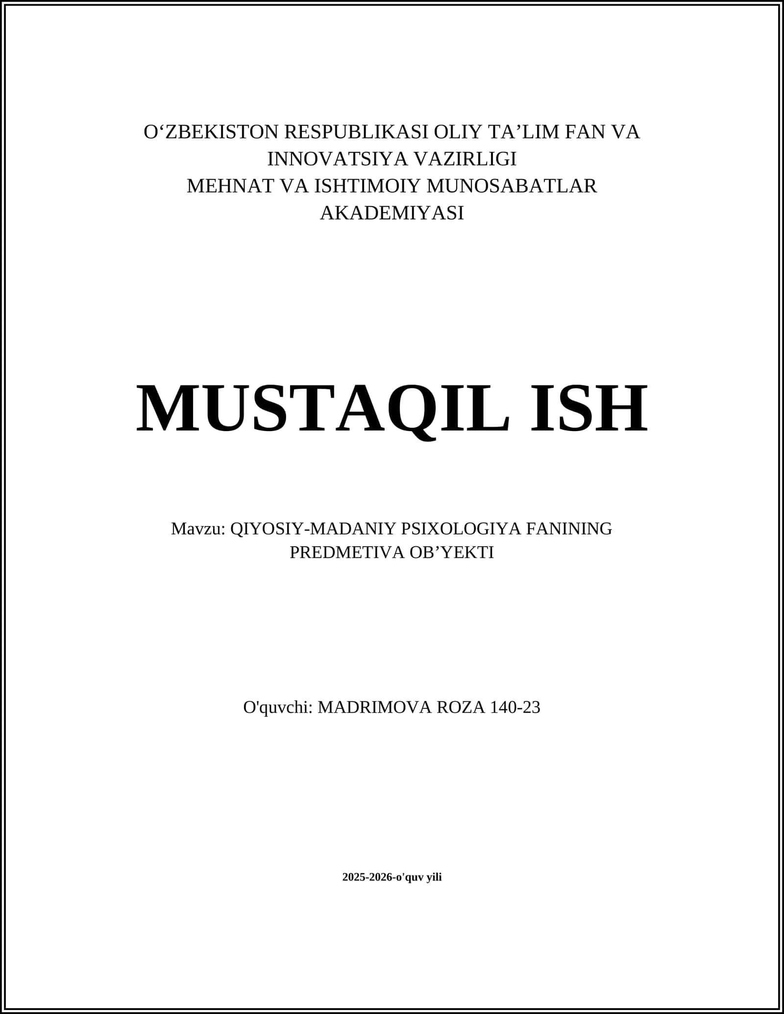 QIYOSIY-MADANIY PSIXOLOGIYA FANINING PREDMETIVA OB’YEKTI 1