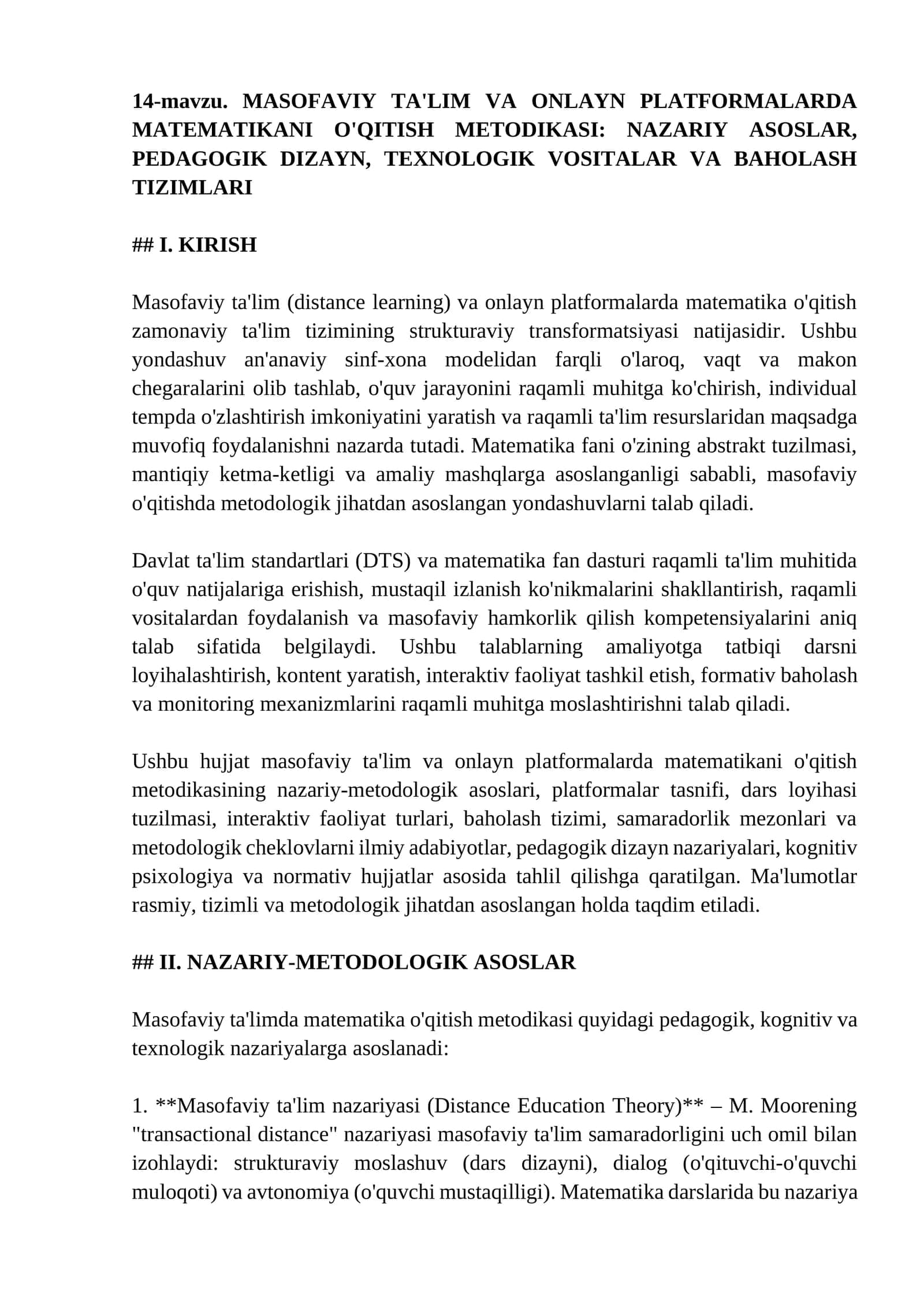 MASOFAVIY TA'LIM VA ONLAYN PLATFORMALARDA MATEMATIKANI O'QITISH METODIKASI 1