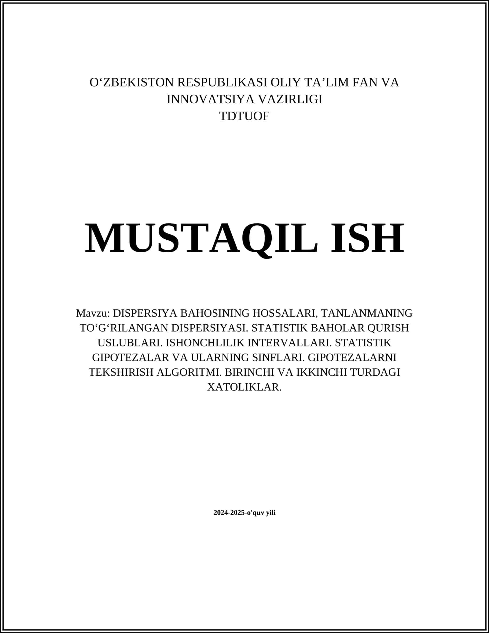 DISPERSIYA BAHOSINING HOSSALARI VA TANLANMANING TOʻGʻRILANGAN DISPERSIYASI 1