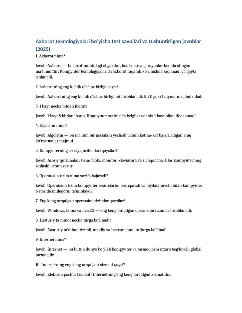 Axborot texnologiyalari bo‘yicha test savollari va tushuntirilgan javoblar (2025) 1