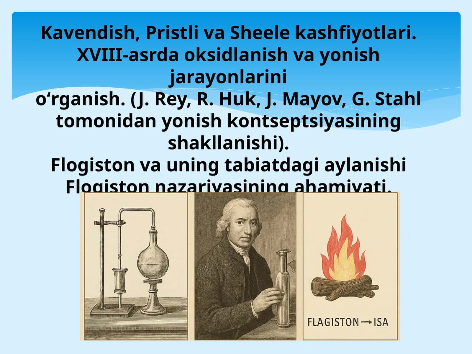 Kavendish, Pristli va Sheele kashfiyotlari. XVIII-asrda oksidlanish va yonish jarayonlarini oʻrganish. (J. Rey, R. Huk, J. Mayov, G. Stahl tomonidan yonish kontseptsiyasining shakllanishi). Flogiston va uning tabiatdagi aylanishi Flogiston nazariyasining ahamiyati. 1
