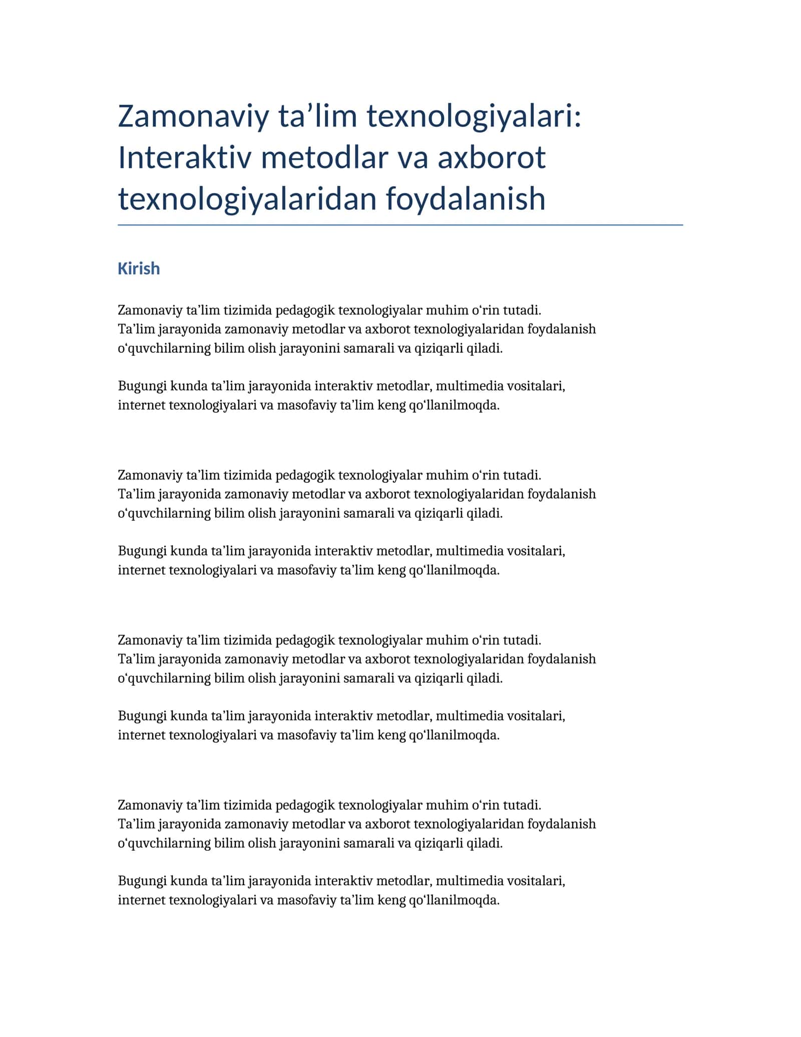 Zamonaviy ta’lim texnologiyalari: Interaktiv metodlar va axborot texnologiyalaridan foydalanish 1