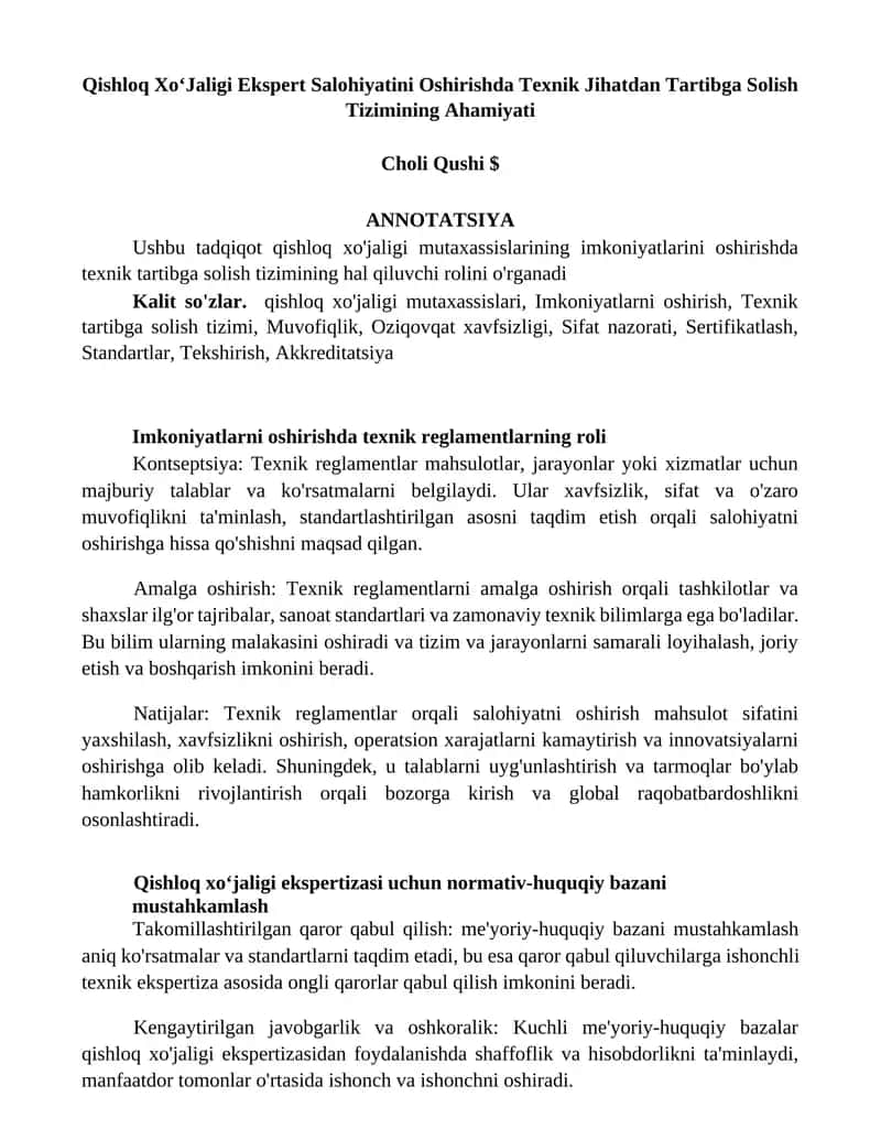 Qishloq XoʻJaligi Ekspert Salohiyatini Oshirishda Texnik Jihatdan Tartibga Solish Tizimining Ahamiyati 1