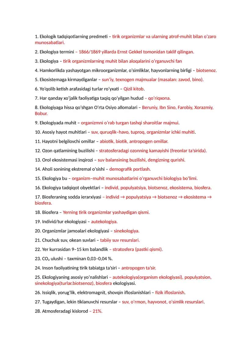 Ekologiya fanidan test savollar to'plami 1
