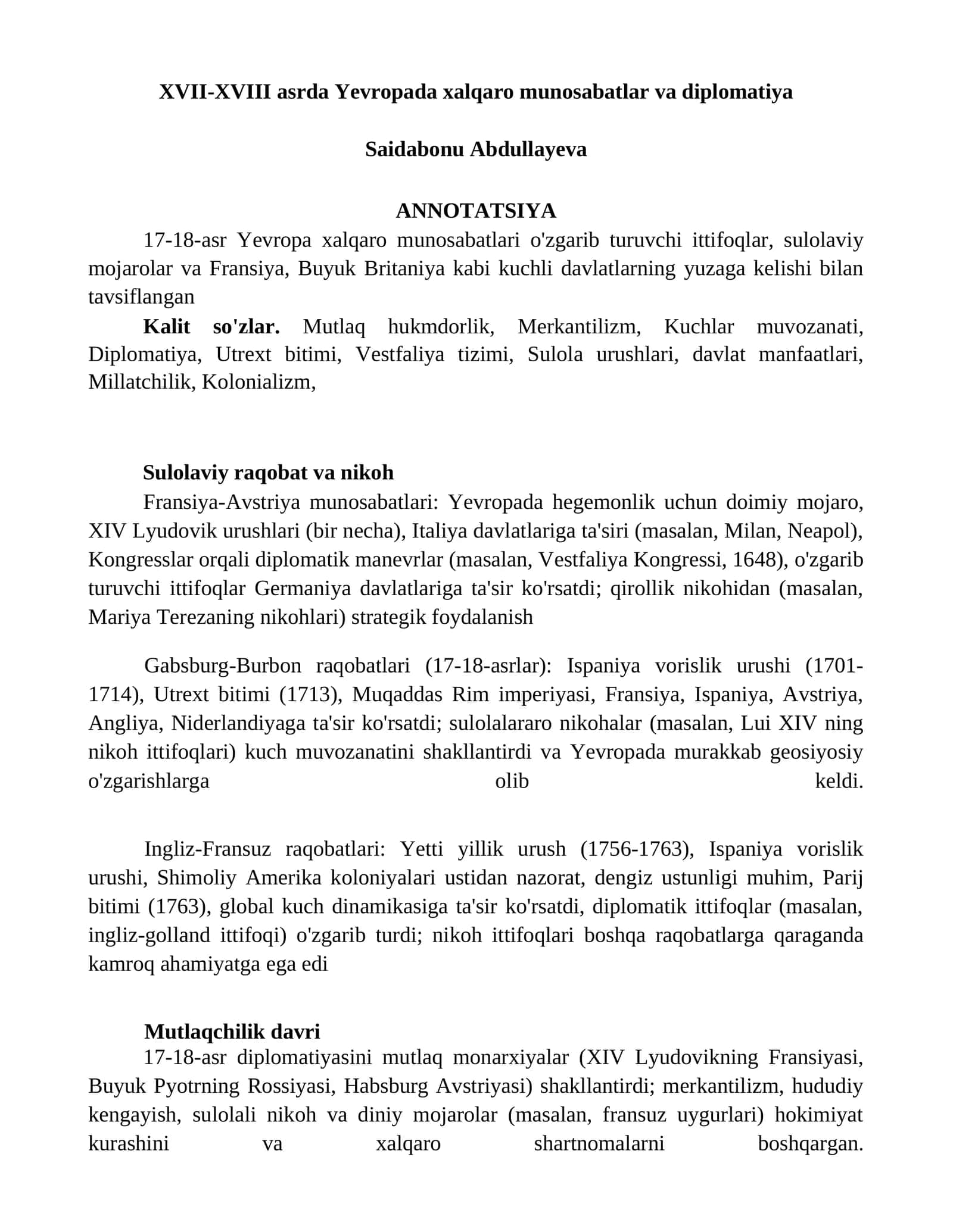 XVII-XVIII asrda Yevropada xalqaro munosabatlar va diplomatiya 1