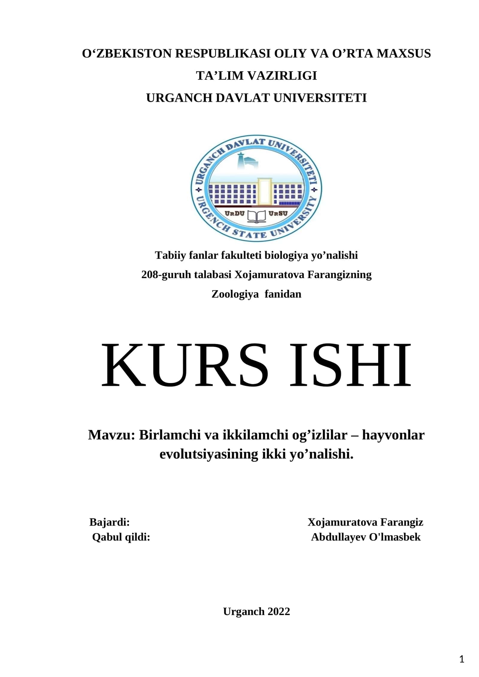 Birlamchi va ikkilamchi og’izlilar – hayvonlar evolutsiyasining ikki yo’nalishi 1