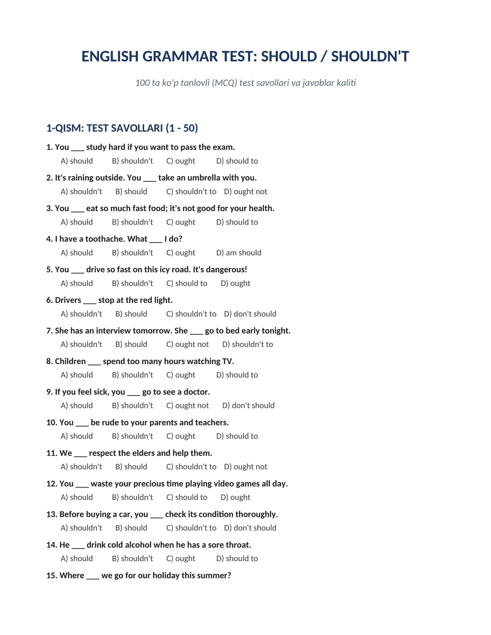 ENGLISH GRAMMAR TEST: SHOULD / SHOULDN'T   100 ta ko'p tanlovli test savollari va javoblar kaliti 1