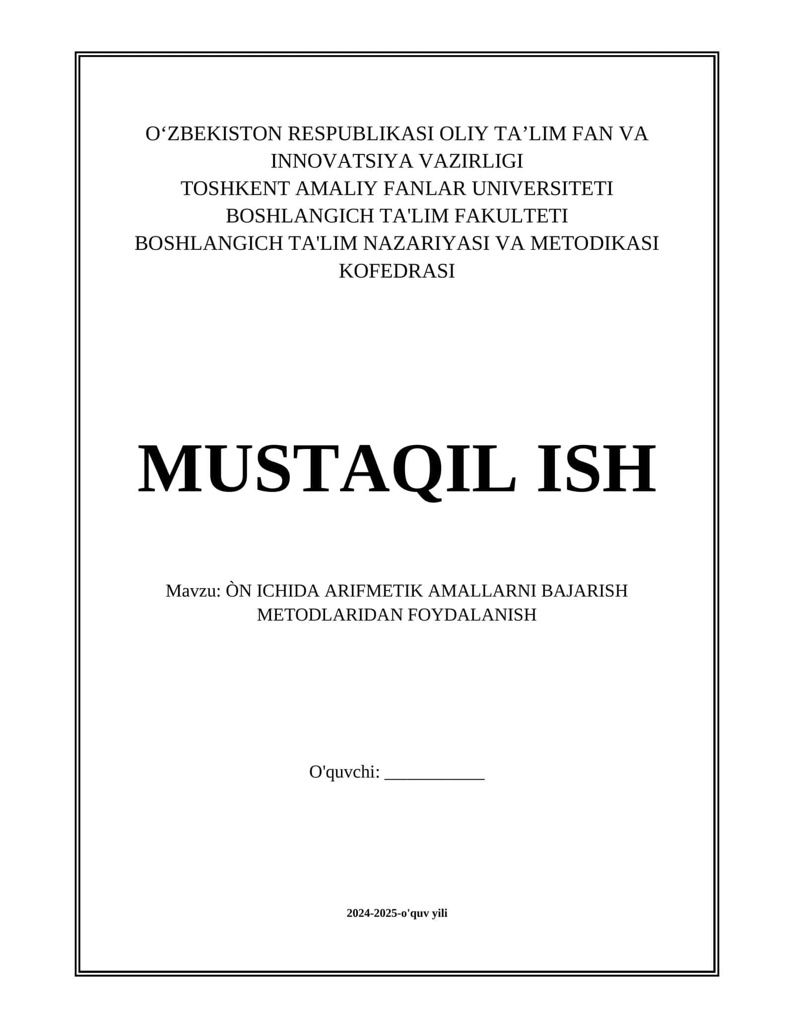 ÒN ICHIDA ARIFMETIK AMALLARNI BAJARISH METODLARIDAN FOYDALANISH 1